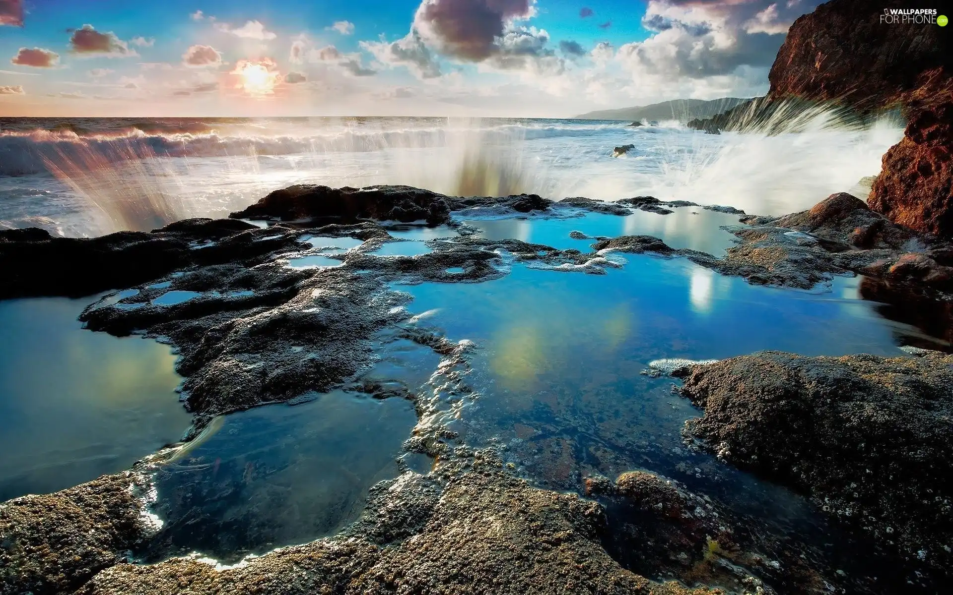 sea, rocks, clouds, Waves