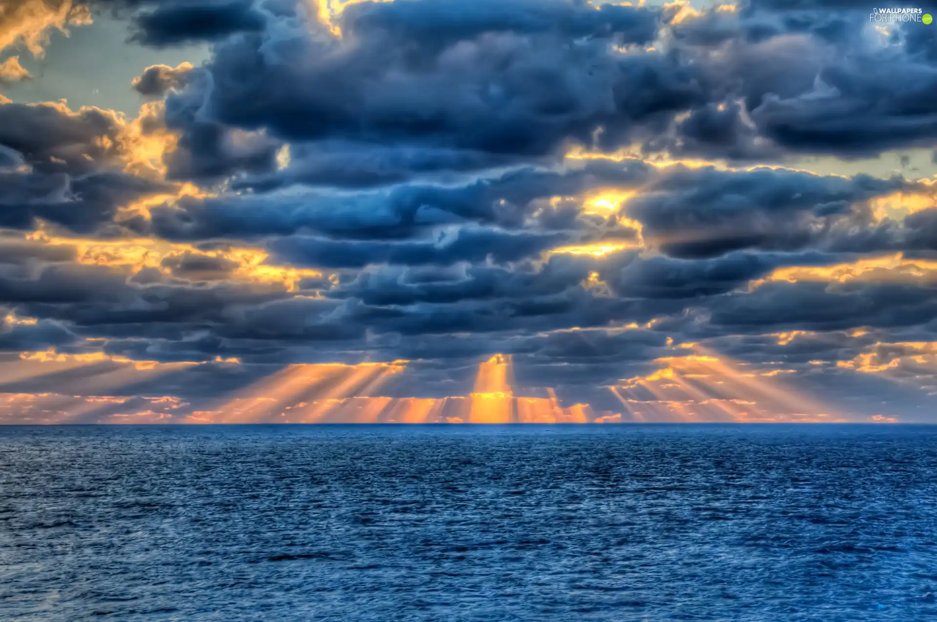 clouds, sea, sun, rays, west