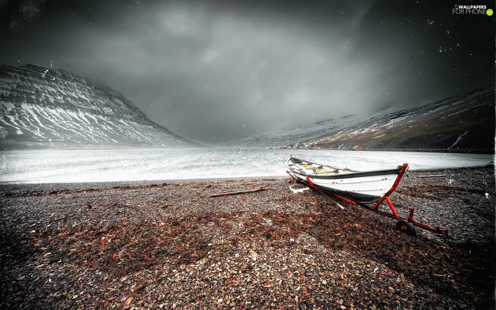 Clouds, Sky, lake, Boat, Mountains