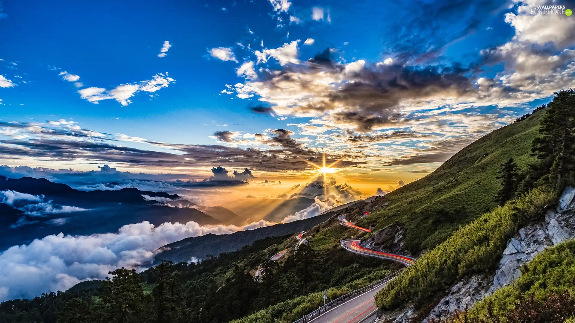 clouds, Sky, Way, Sunrise, Mountains