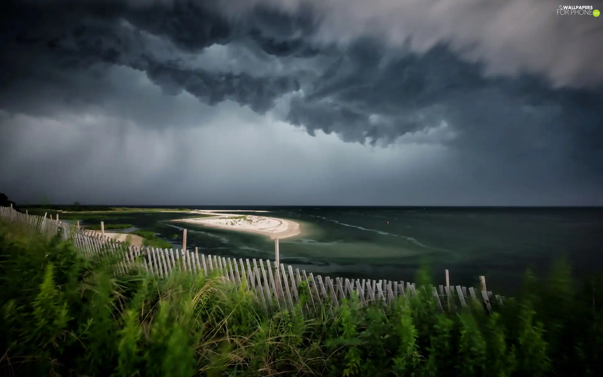 Clouds, Sky, Coast, fence, sea