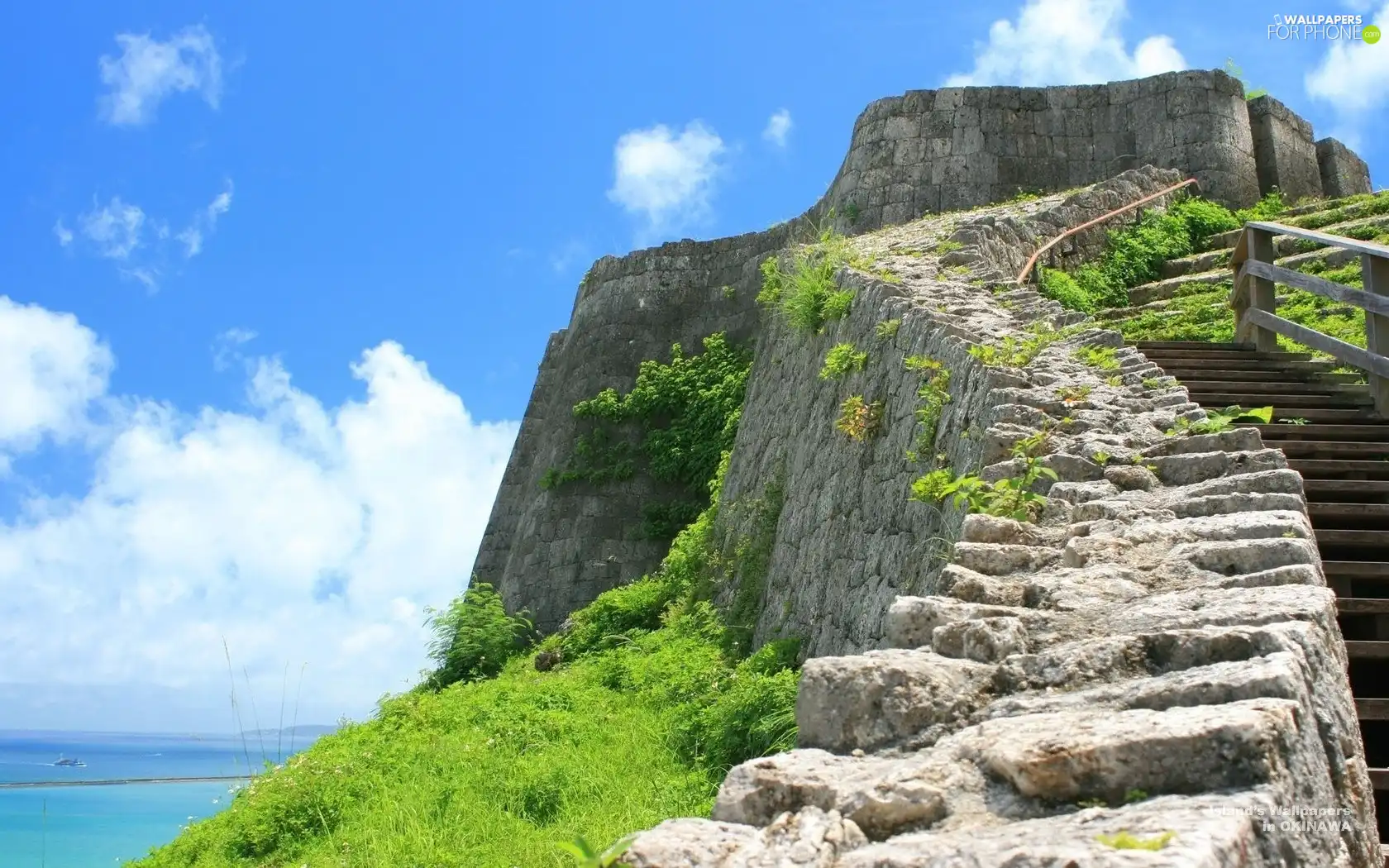 clouds, Sky, Stairs, grass, sea