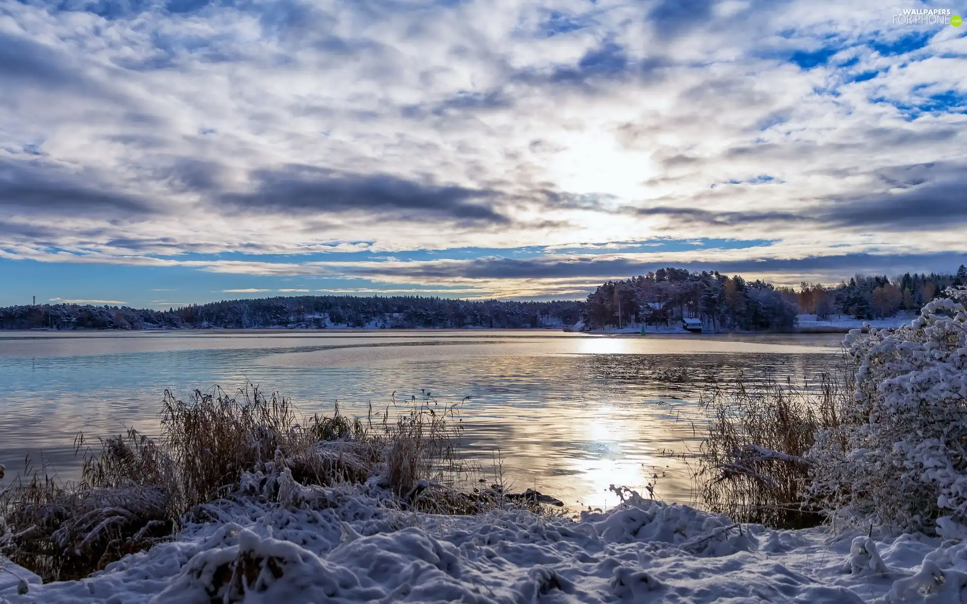 clouds, River, snow