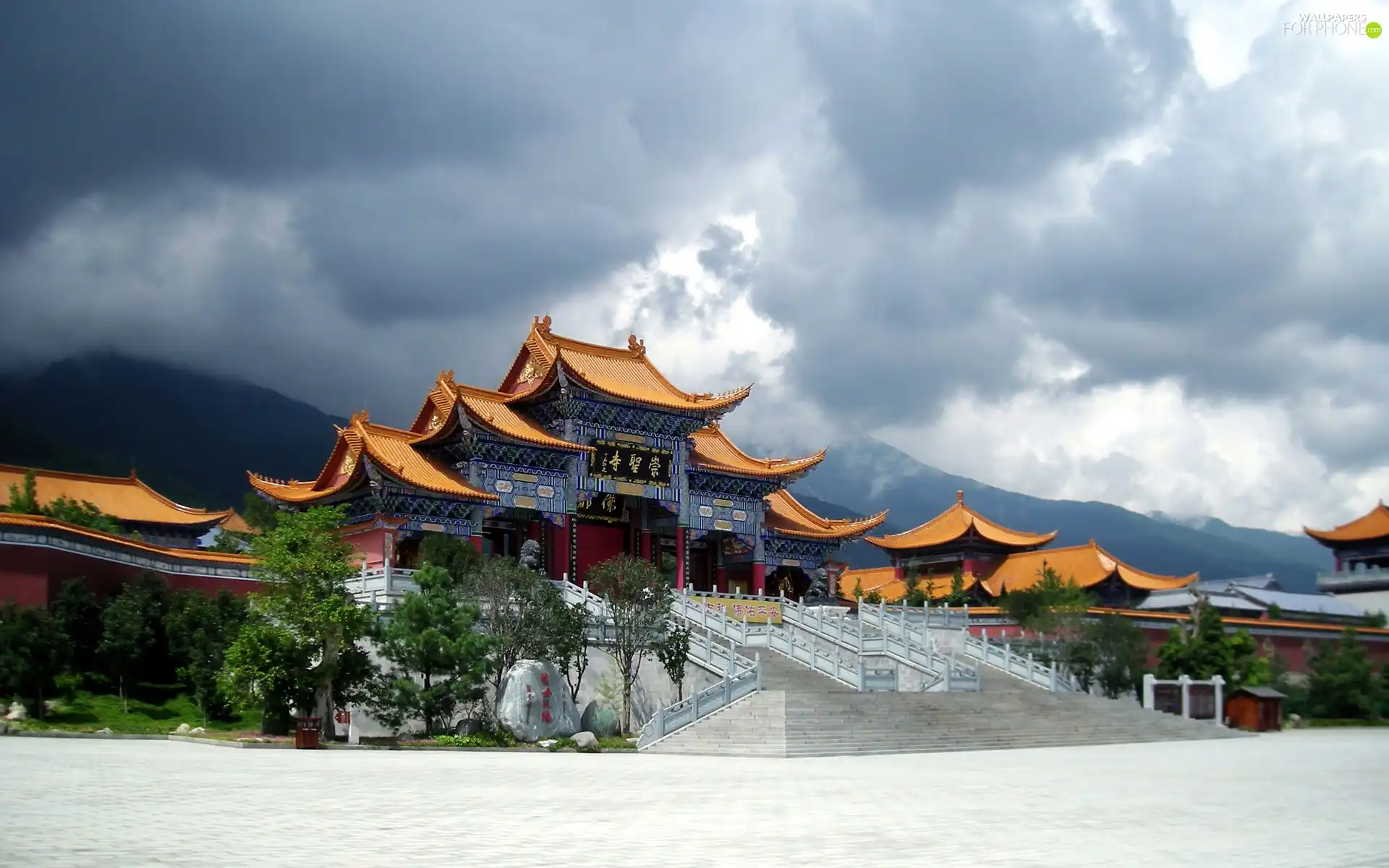 square, temple, clouds, Chinese