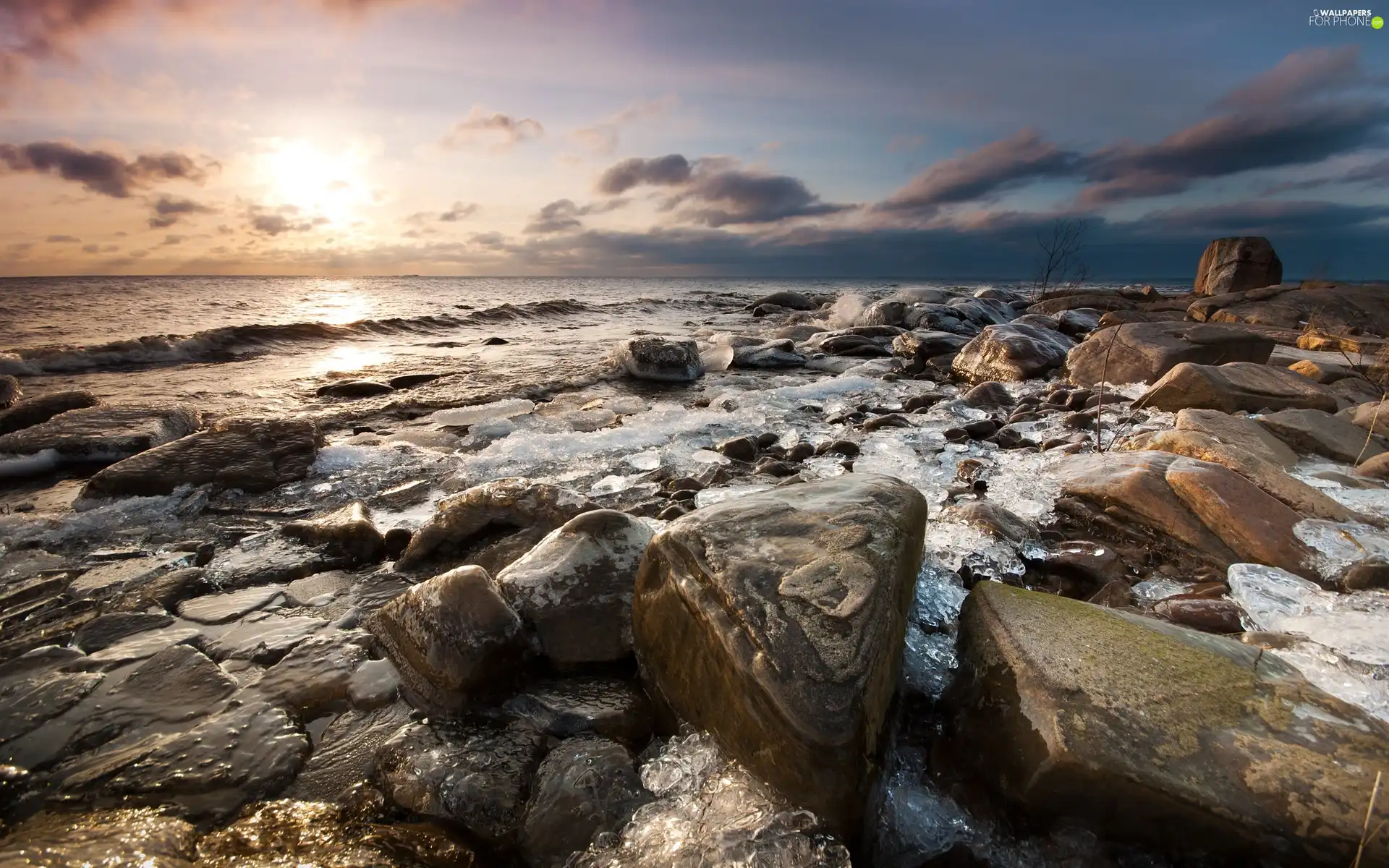 clouds, Stones, west, sun, sea