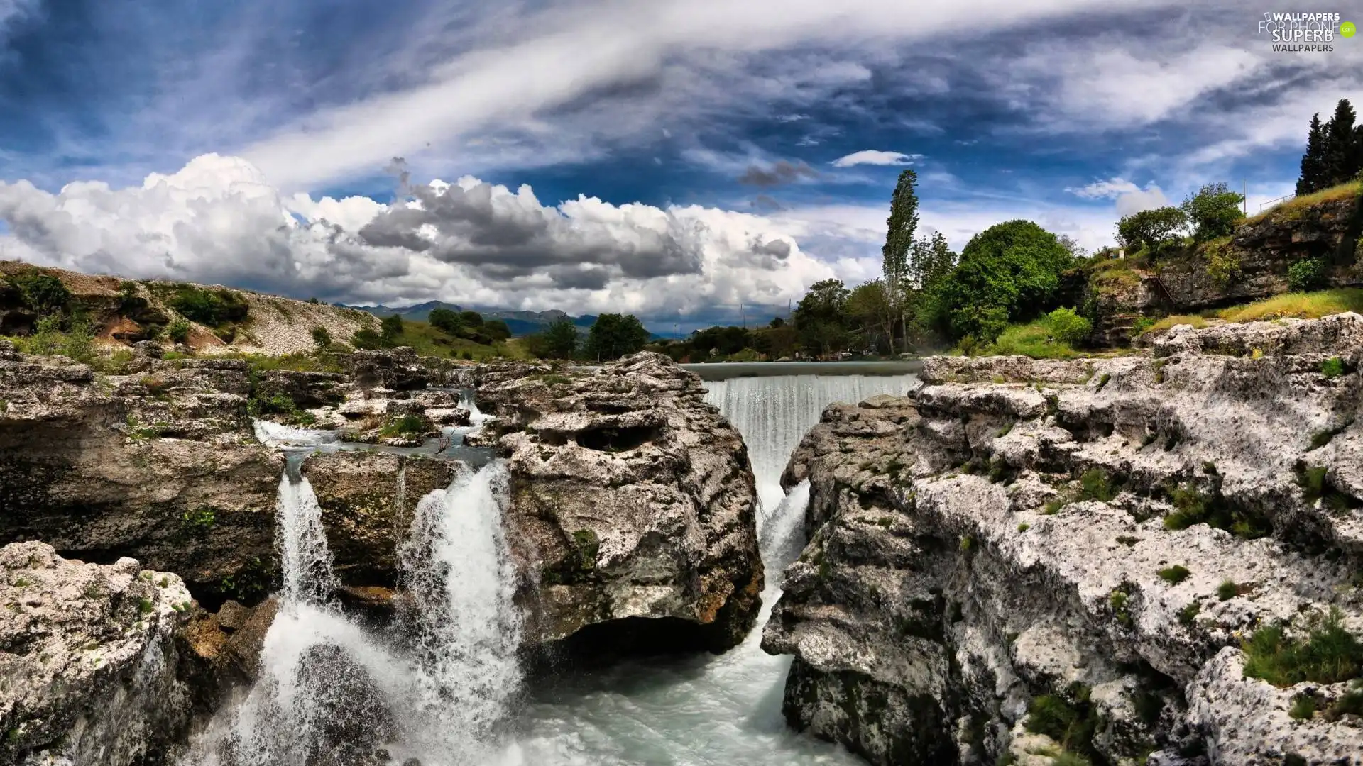 clouds, waterfall, Stones