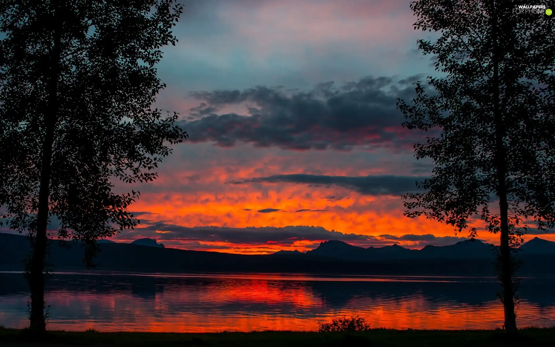 viewes, Mountains, west, trees, lake, clouds, sun