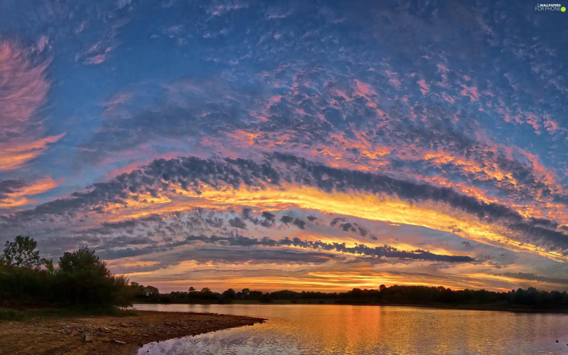 Stones, trees, west, viewes, River, clouds, sun