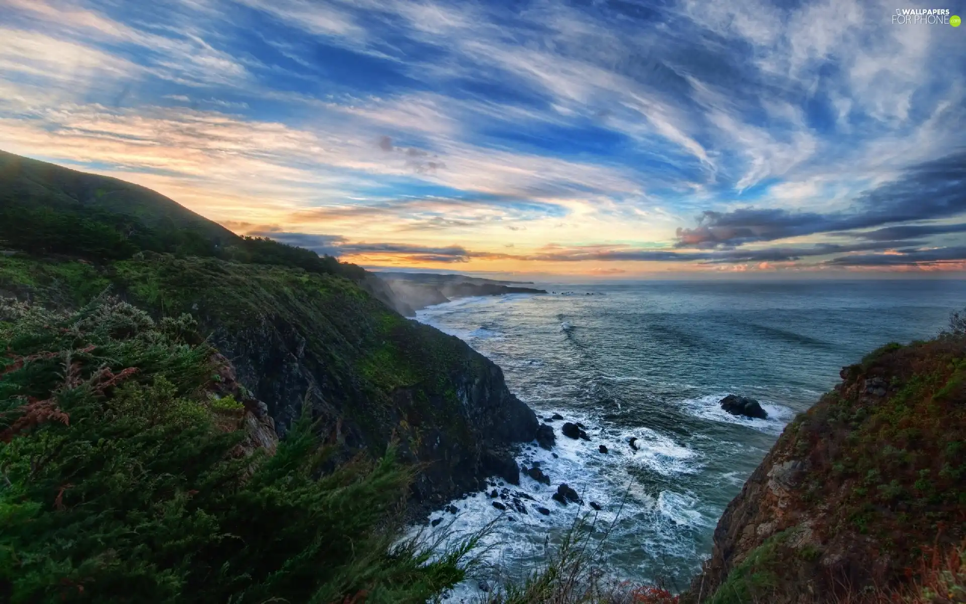 water, green, clouds, rocks