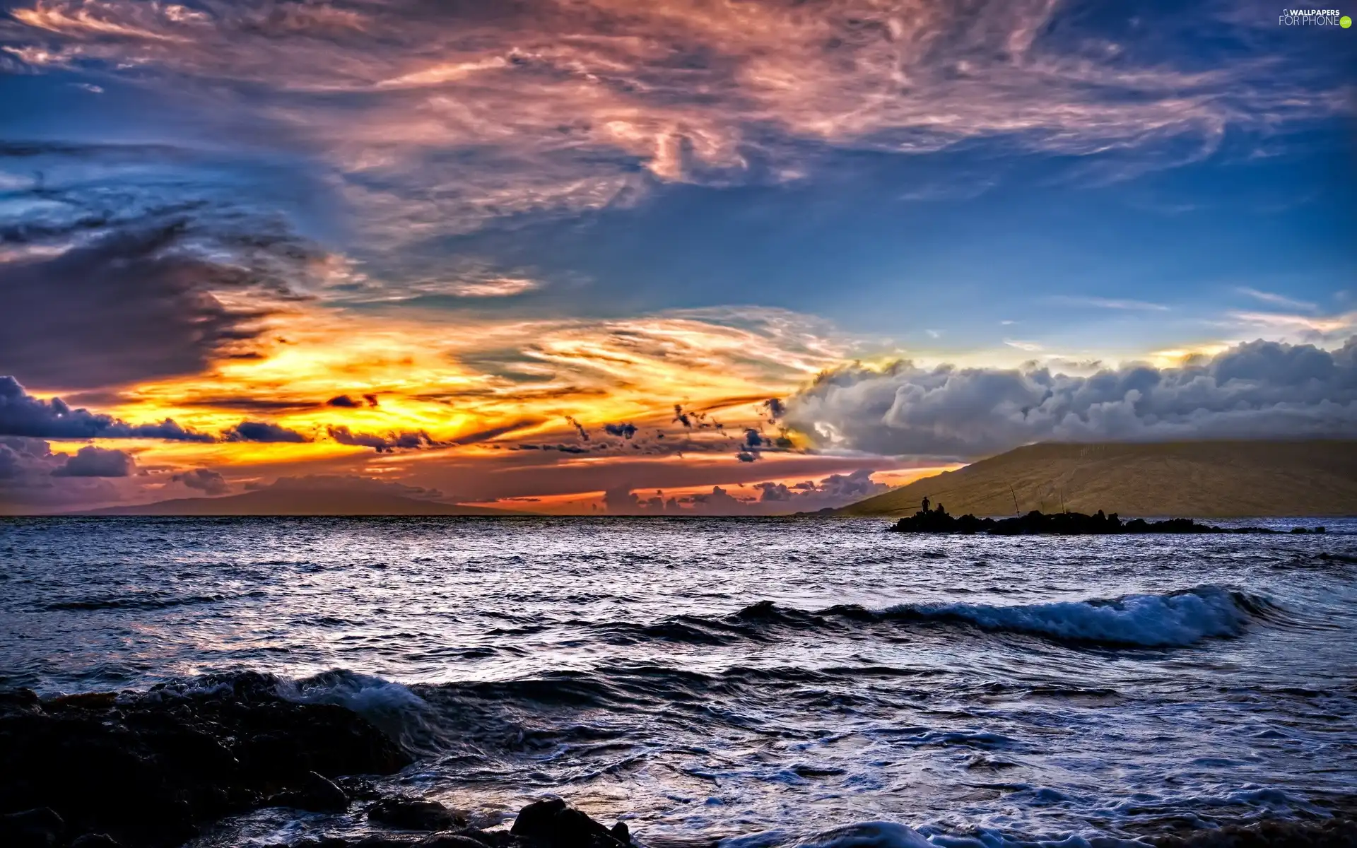 clouds, sea, Waves