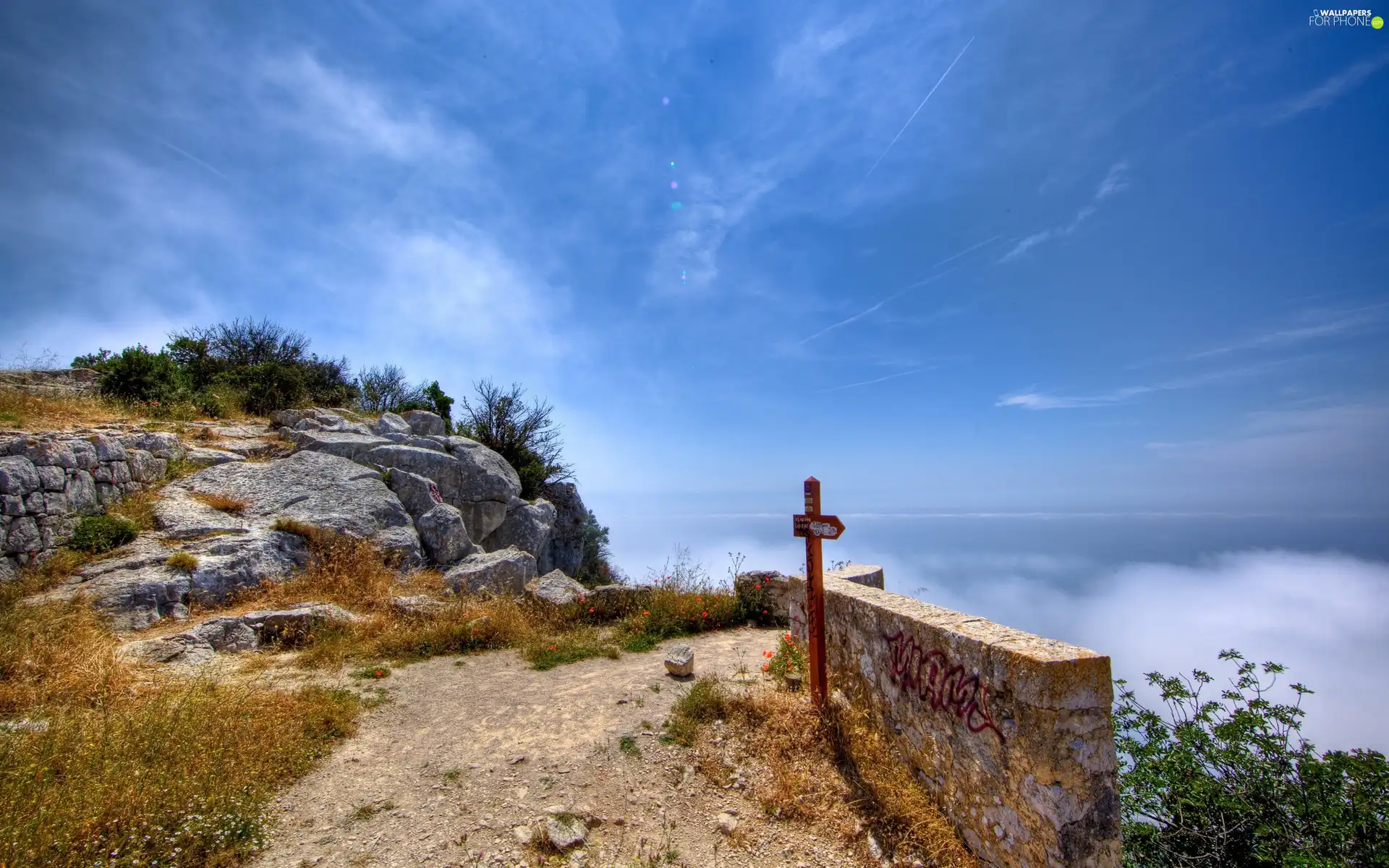 Way, rocks, clouds, Sign