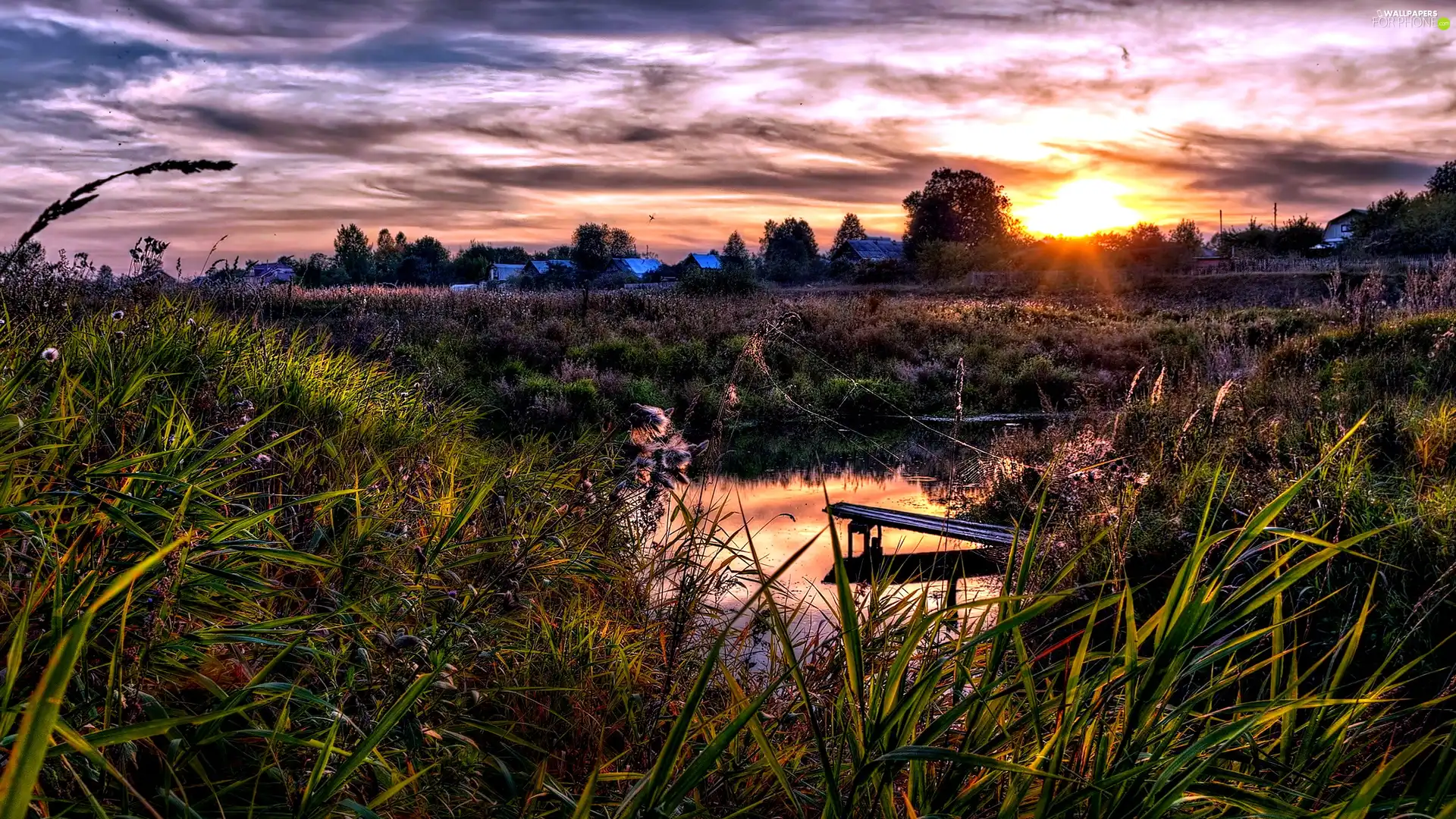 west, grass, clouds, sun