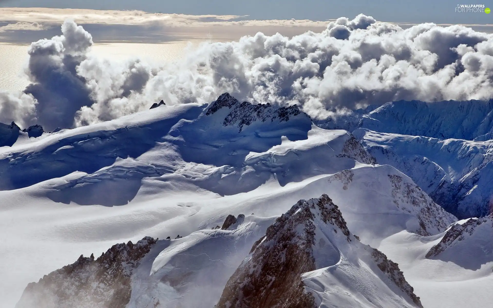 winter, Mountains, clouds, peaks