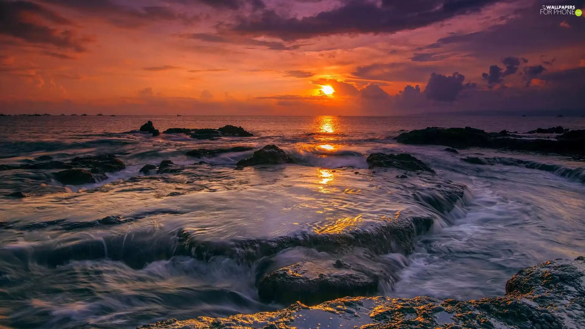 Coast, indonesia, rocks, Great Sunsets, sea, Island of Java