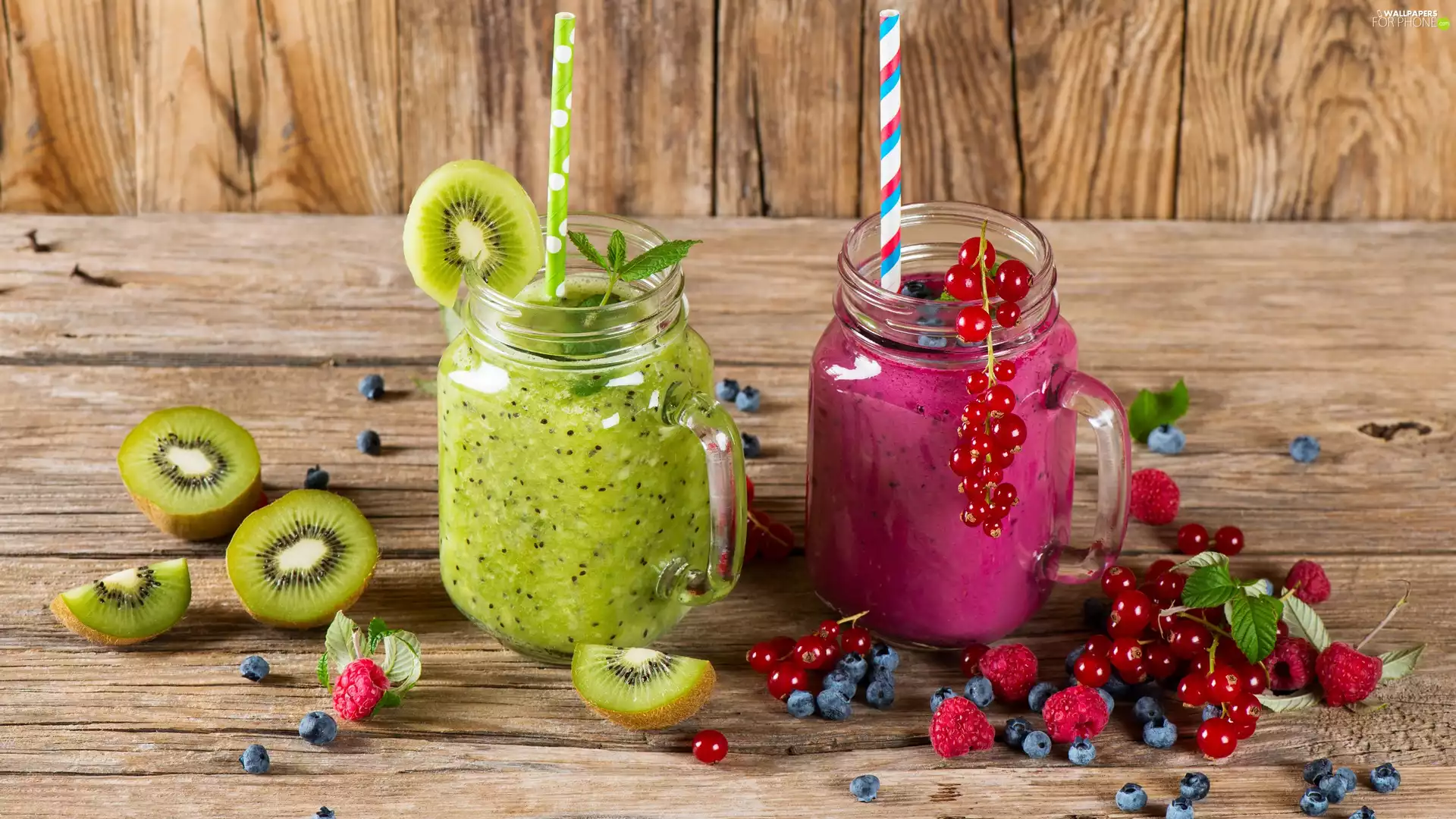 cocktails, Two cars, straws, Fruits, blueberries, Jars, currants, raspberries, kiwi