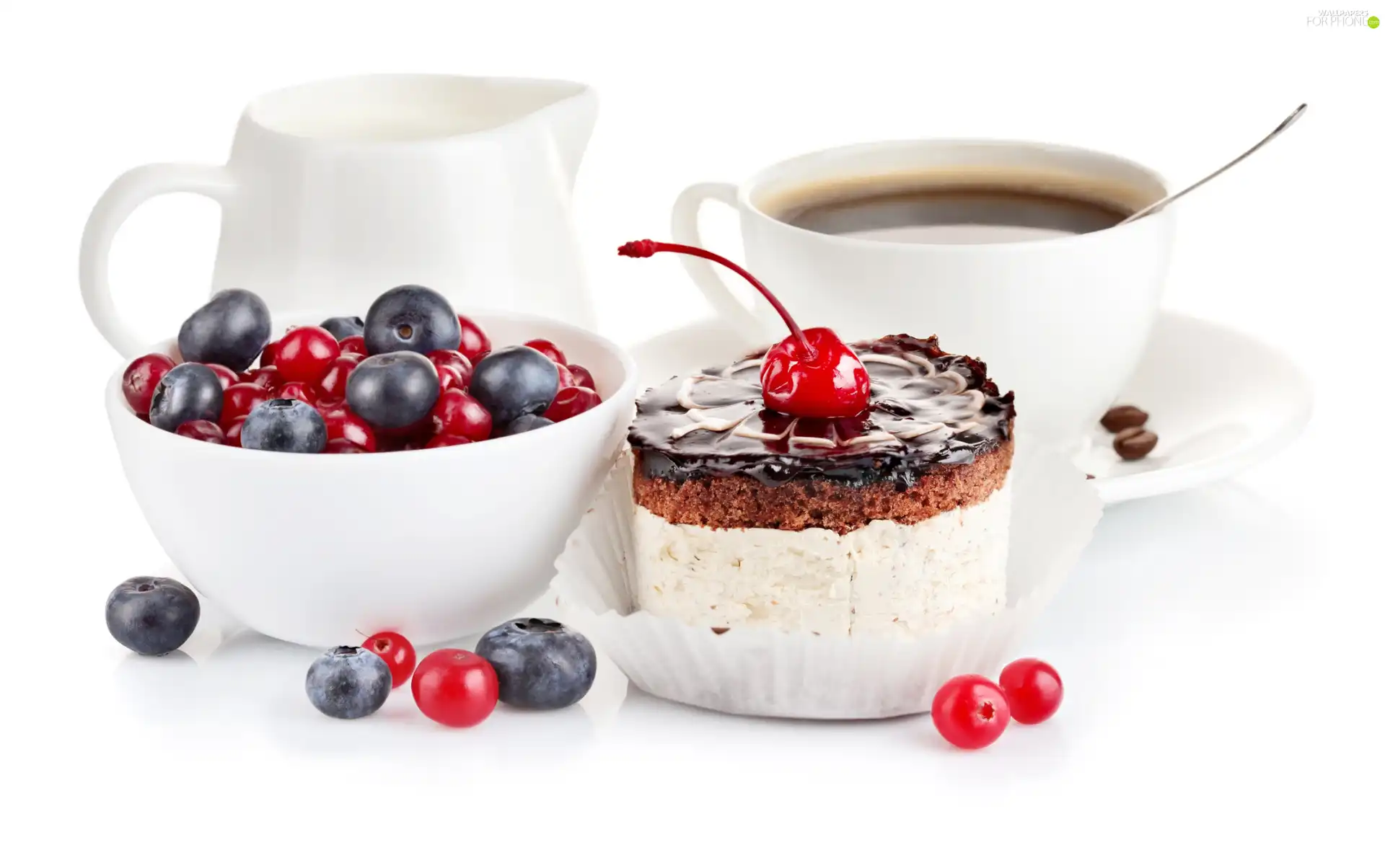 cake, blueberries, coffee, cherries