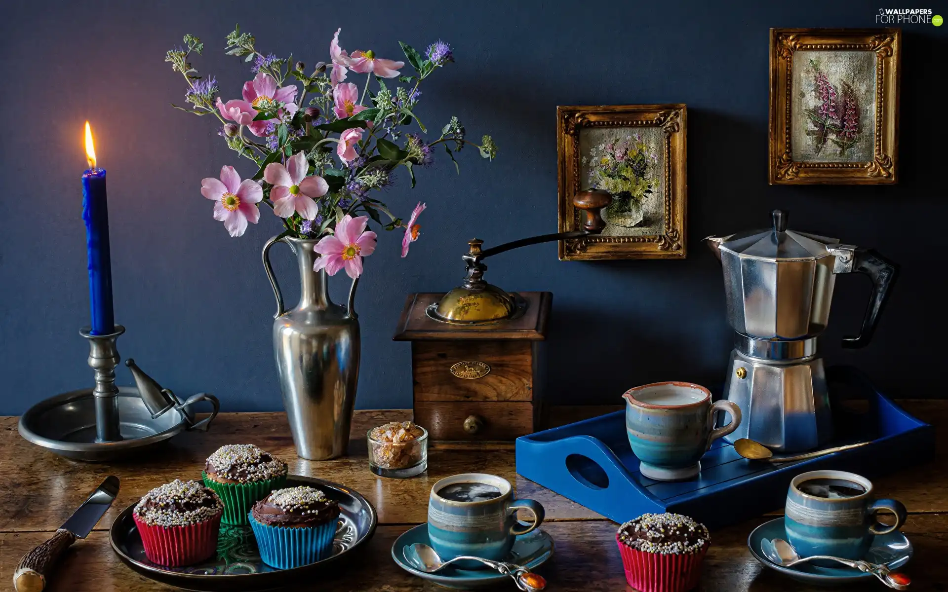 coffee, bouquet, Vase, Tray, Muffins, Flowers, mill, pictures, candle, cups