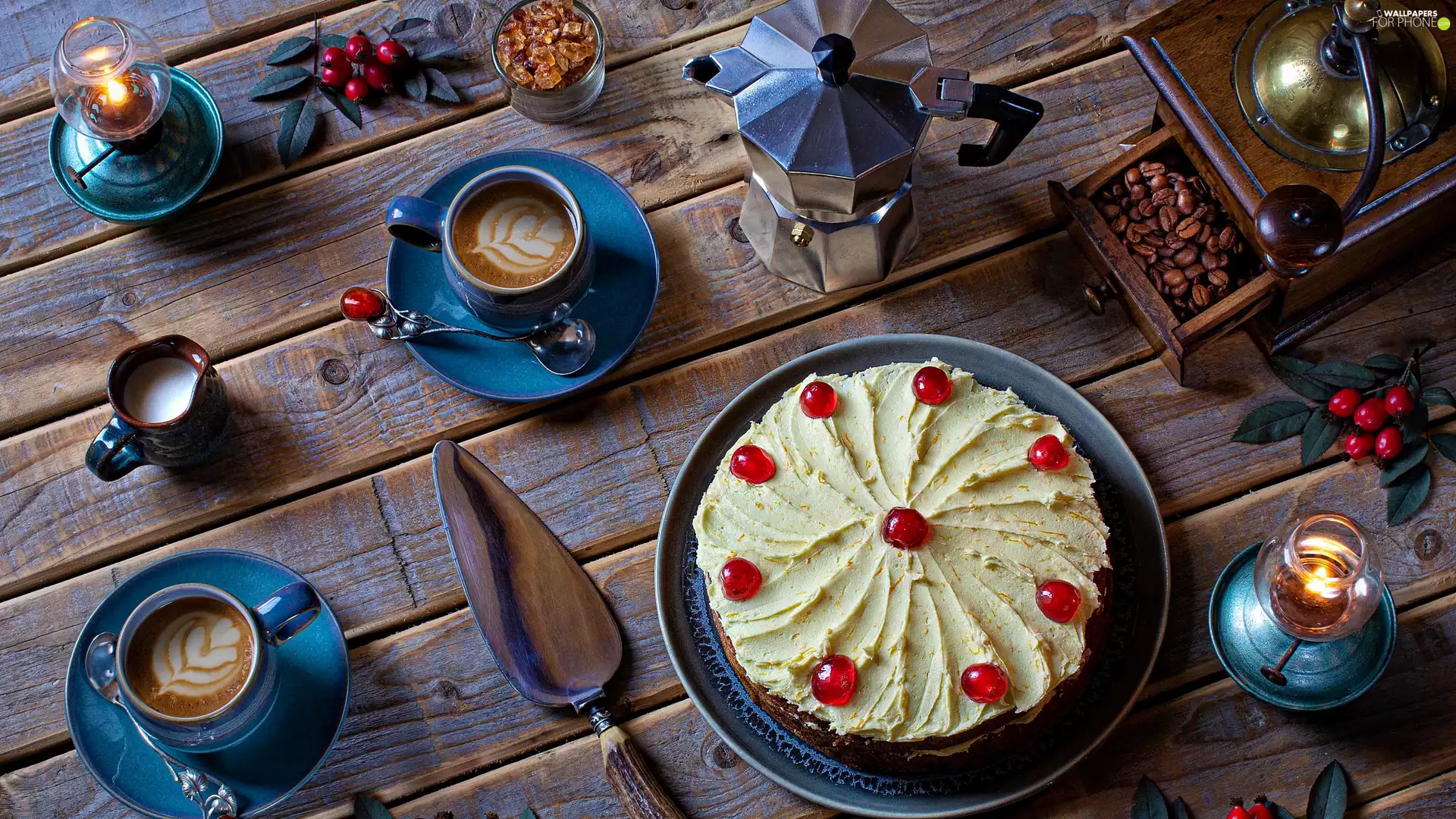 Lamp, cups, teapot, boarding, Cake, Two, coffee, composition, oil, Coffee Grinder