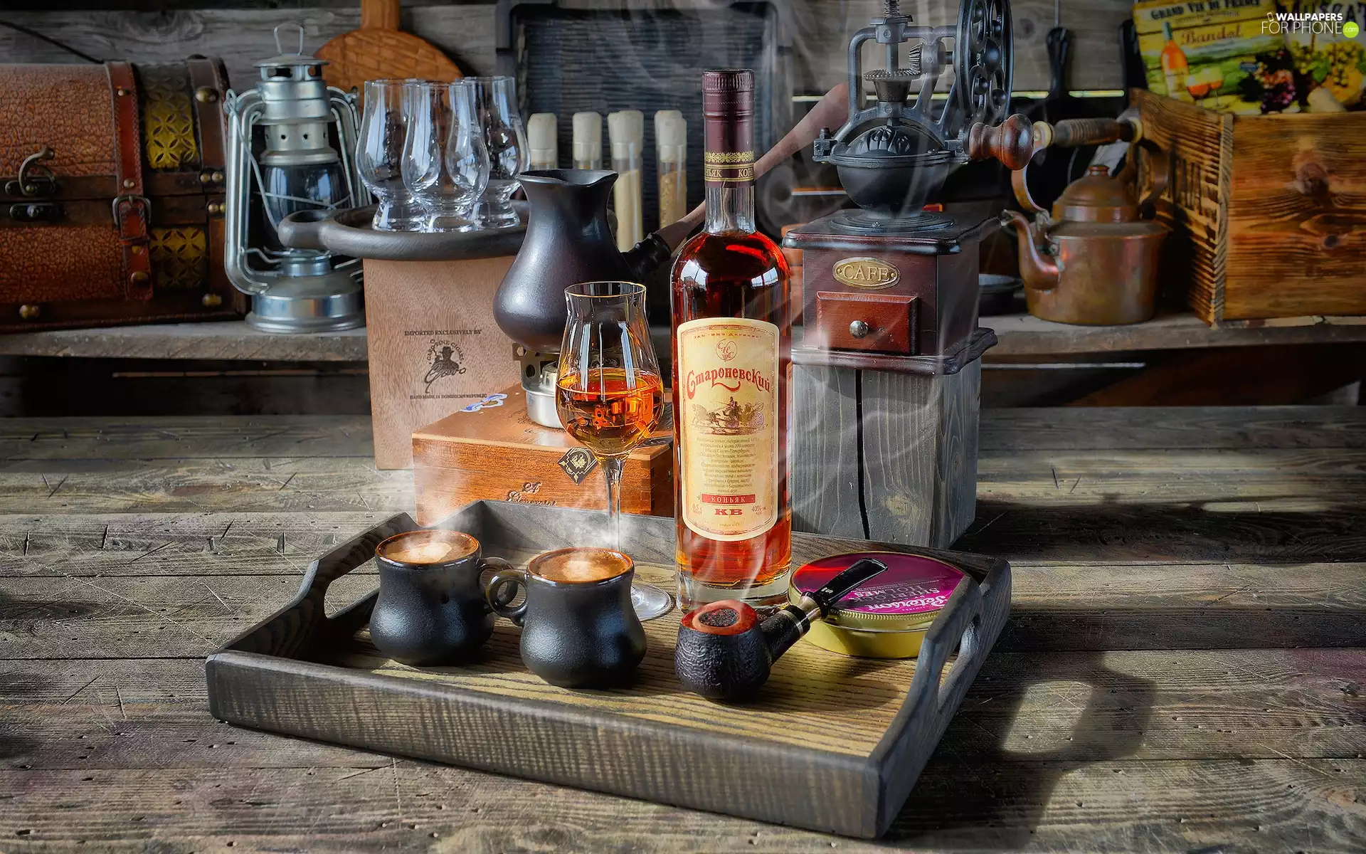 cognac, glass, Lamp, Tray, mill, Bottle, composition, coffee