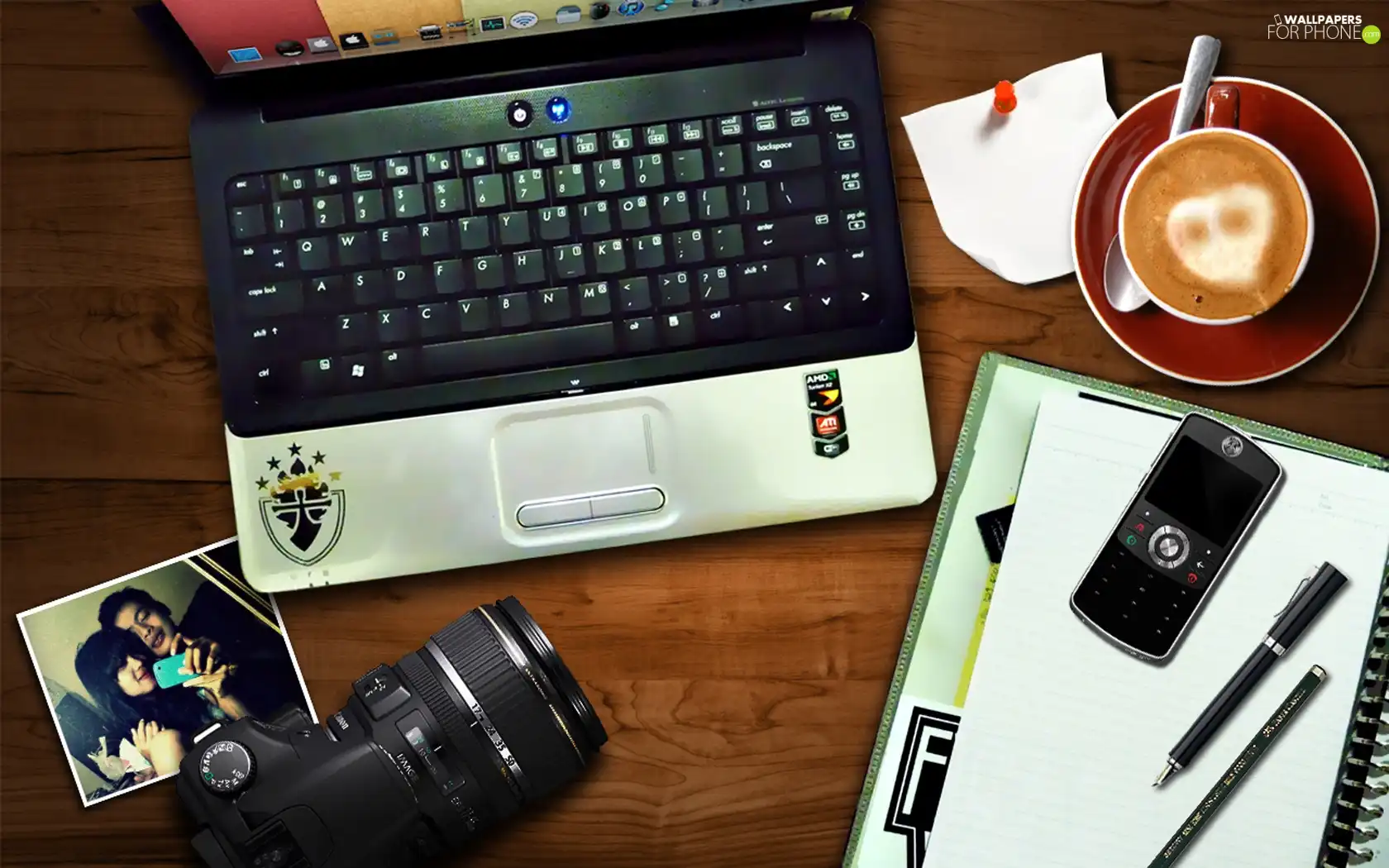 laptop, Telephone, coffee, Camera