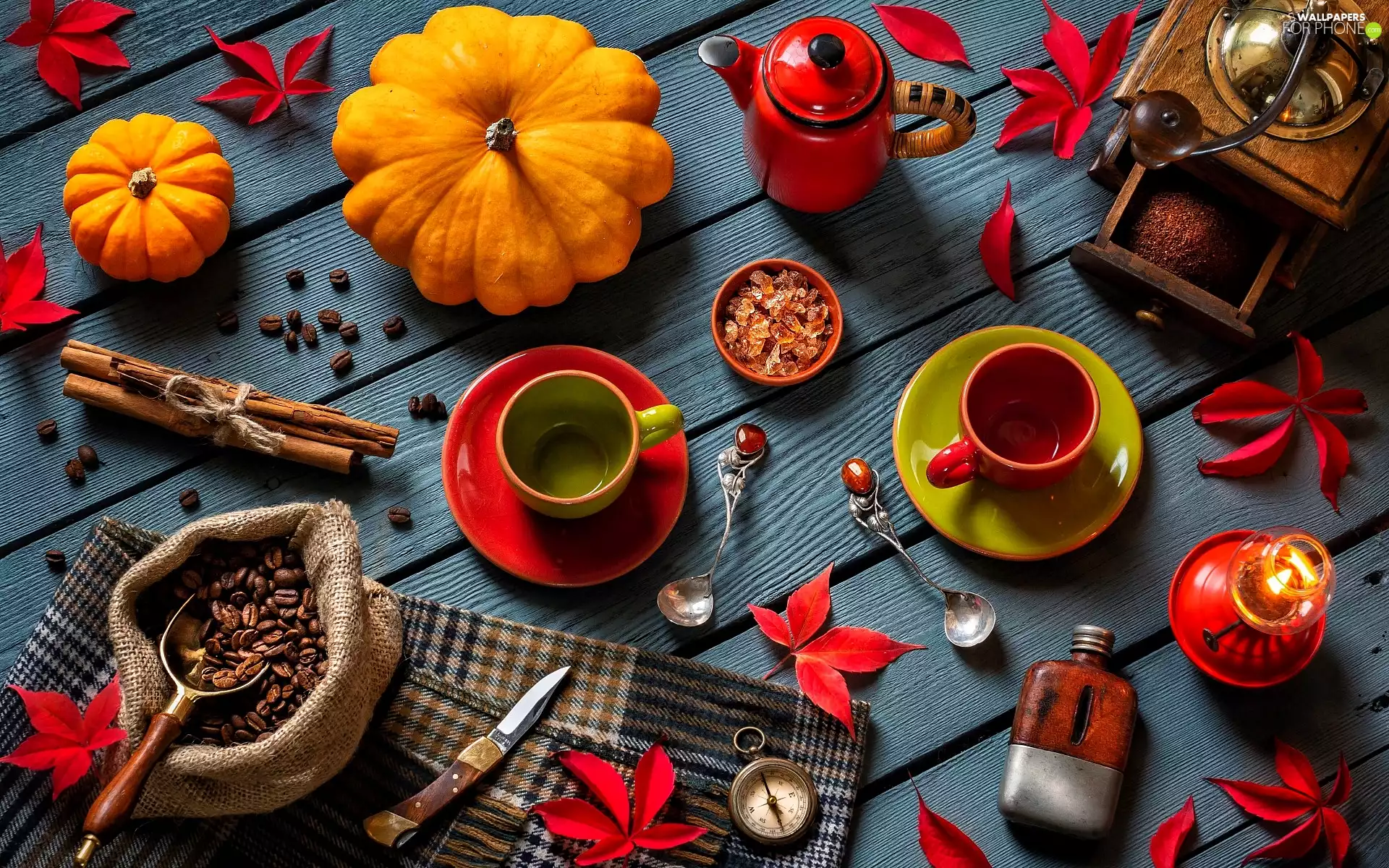 coffee, mill, grains, Spoons, autumn, composition, Leaf, pumpkin, cups