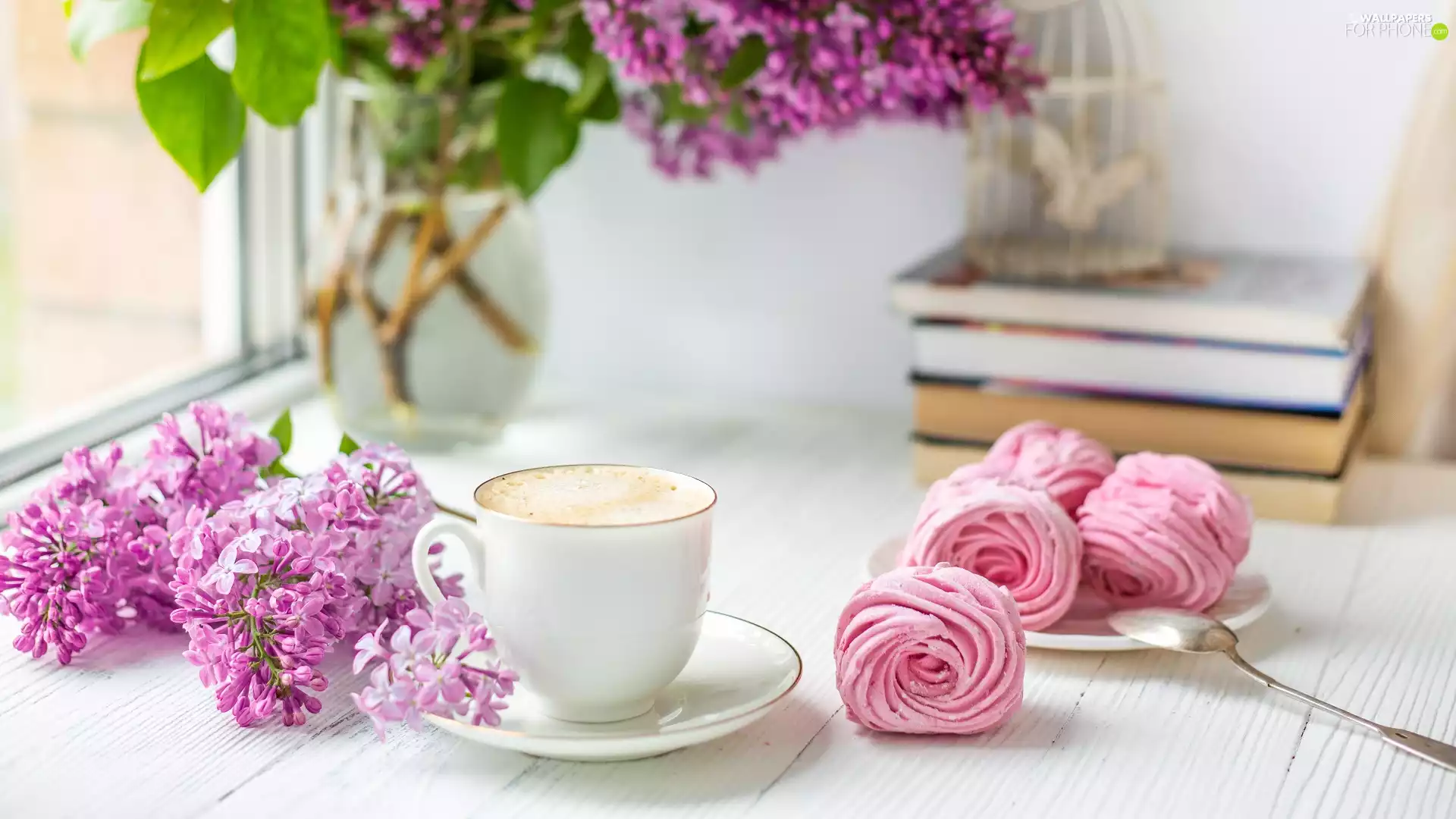 coffee, cup, plate, teaspoon, Books, boarding, Vase, without, Cookies