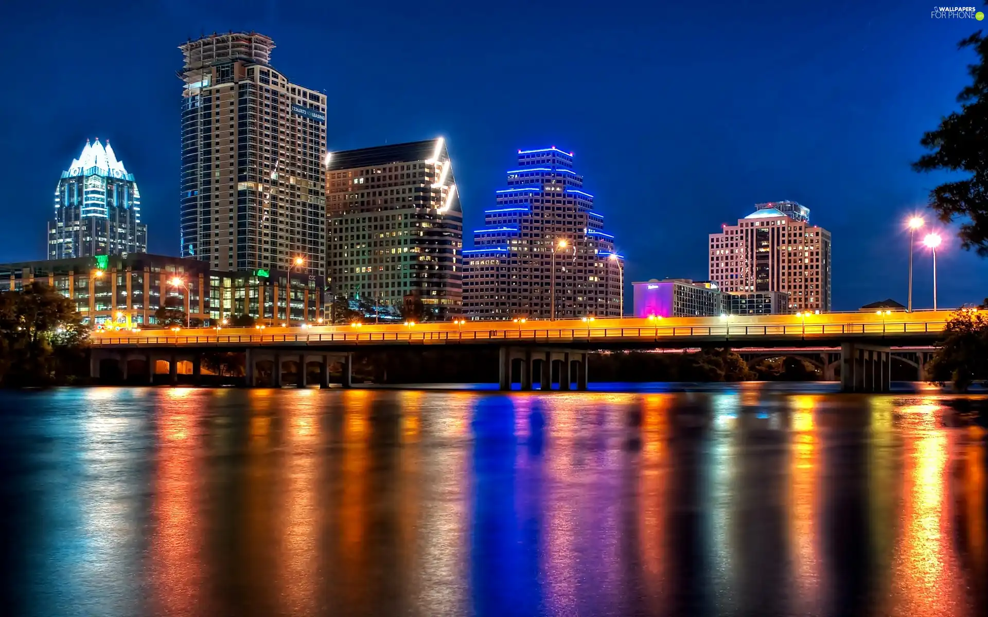 River, Colorado, night, bridge, Town, clouds, skyscrapers, Austin