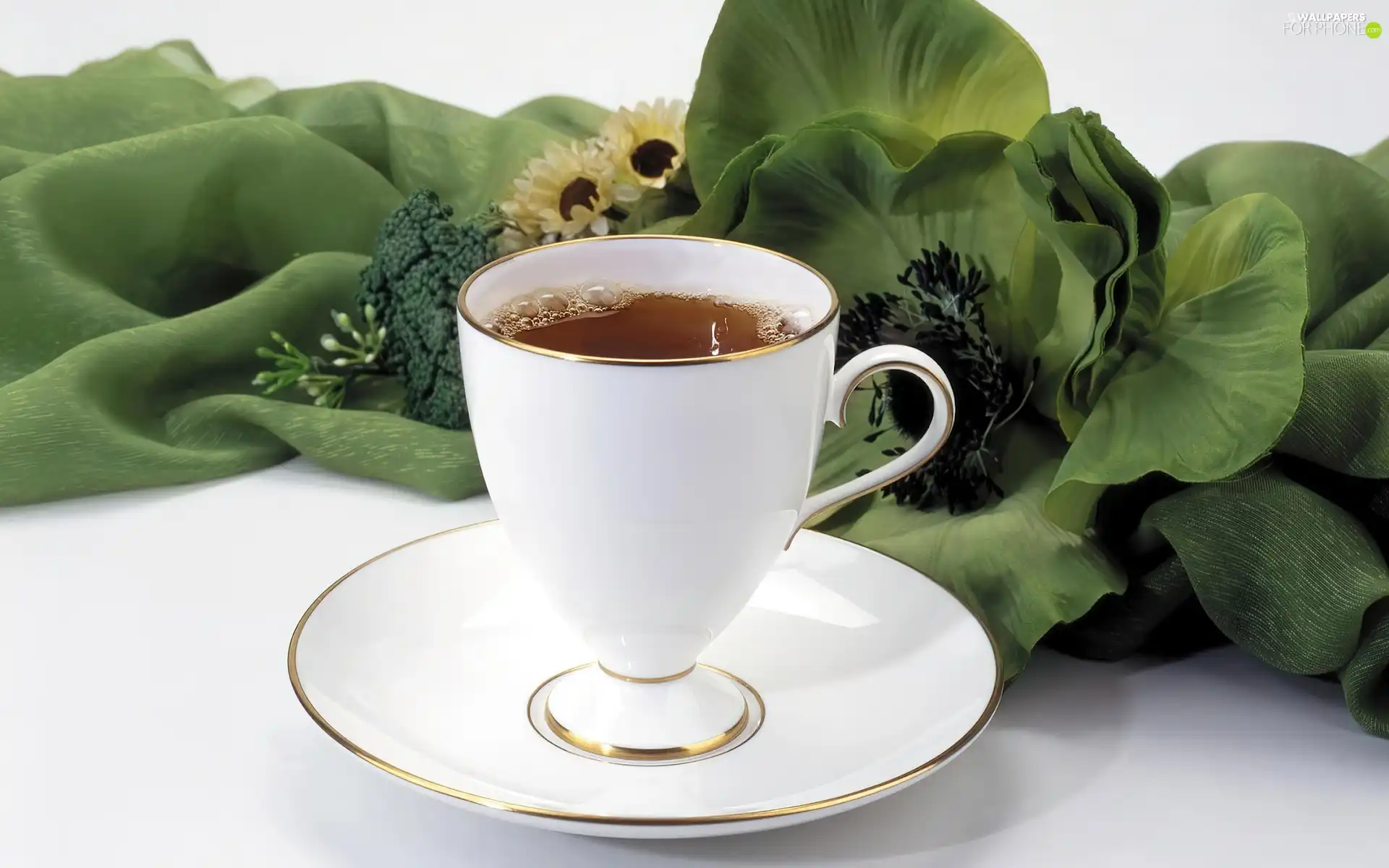 cup, Green, Colourfull Flowers, tea