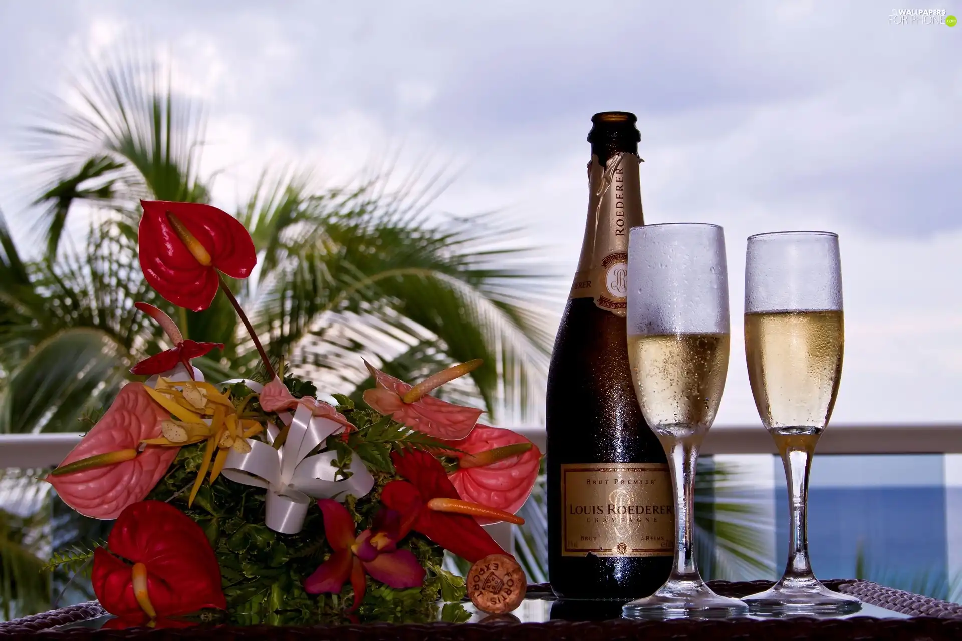Champagne, Bouquet of Flowers, composition, glasses