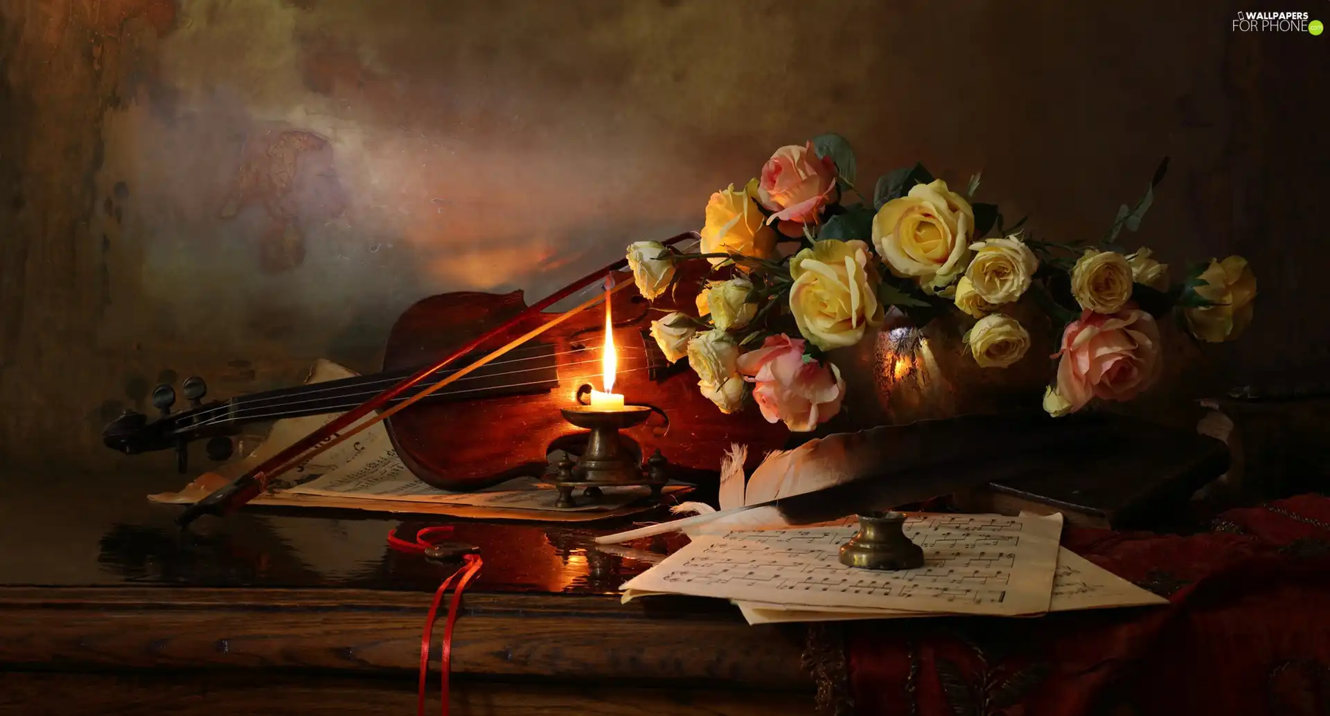 roses, violin, Tunes, composition, candle, Flowers