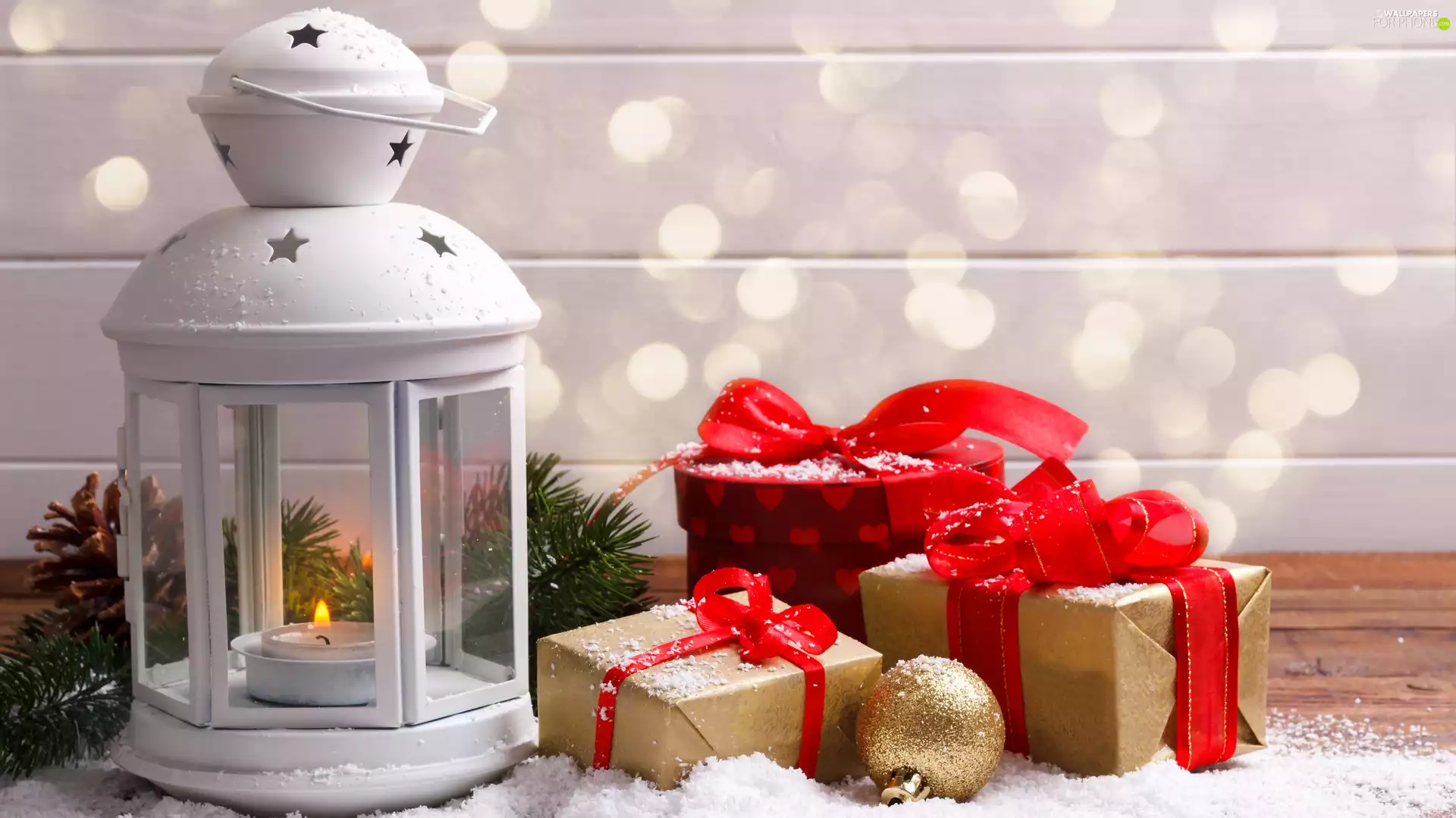 bauble, lantern, Christmas, composition, twig, gifts