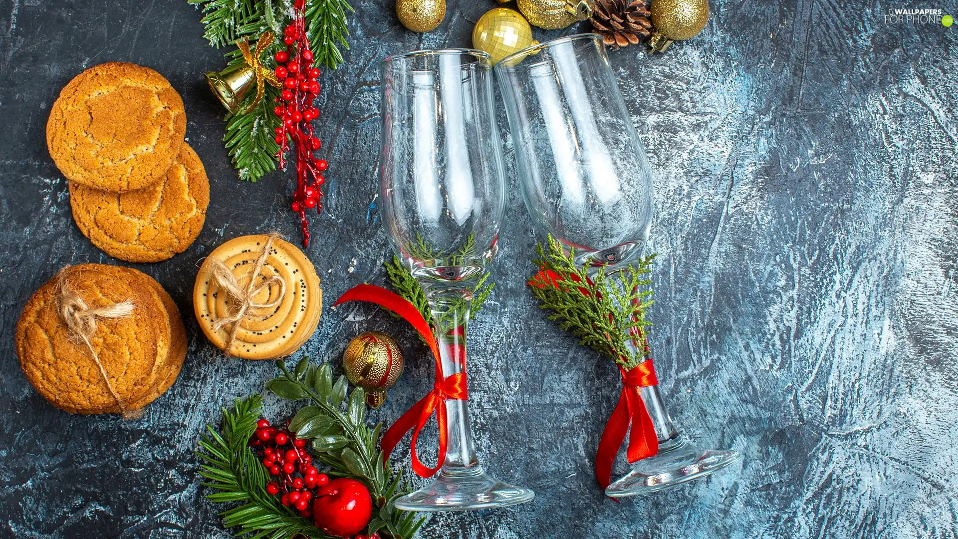 Twigs, cookies, blueberries, composition, baubles, glasses