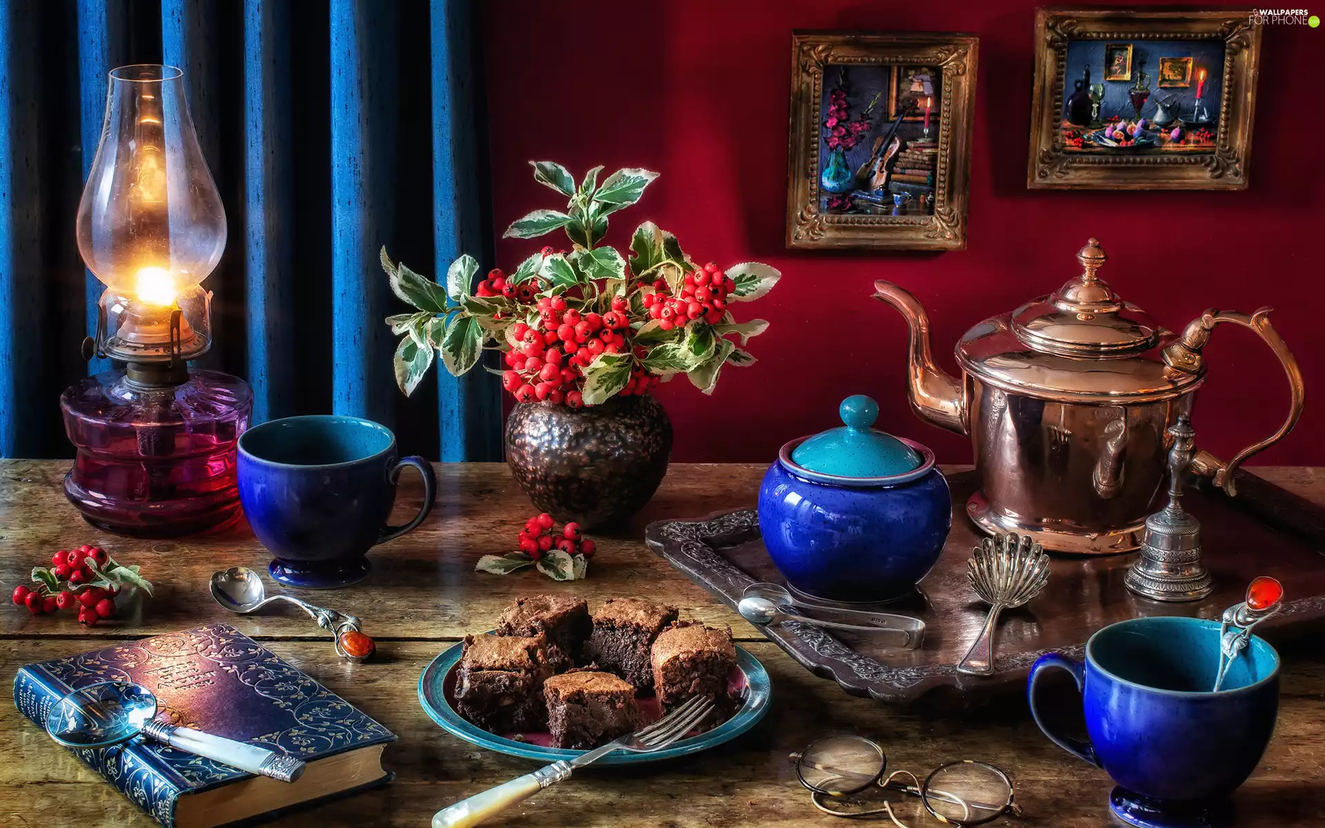 Vase, Oil Lamp, Plant, cake, Cans, composition, sugar-bowl, Paintings, kettle