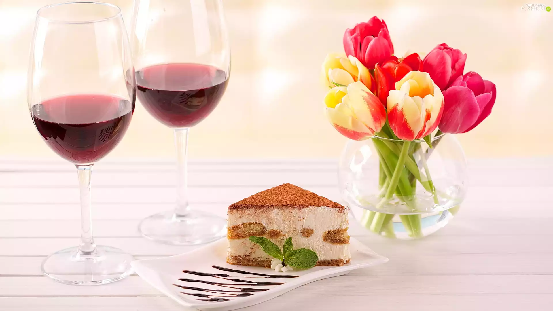 Tulips, glasses, cake, composition, Vase, Wine