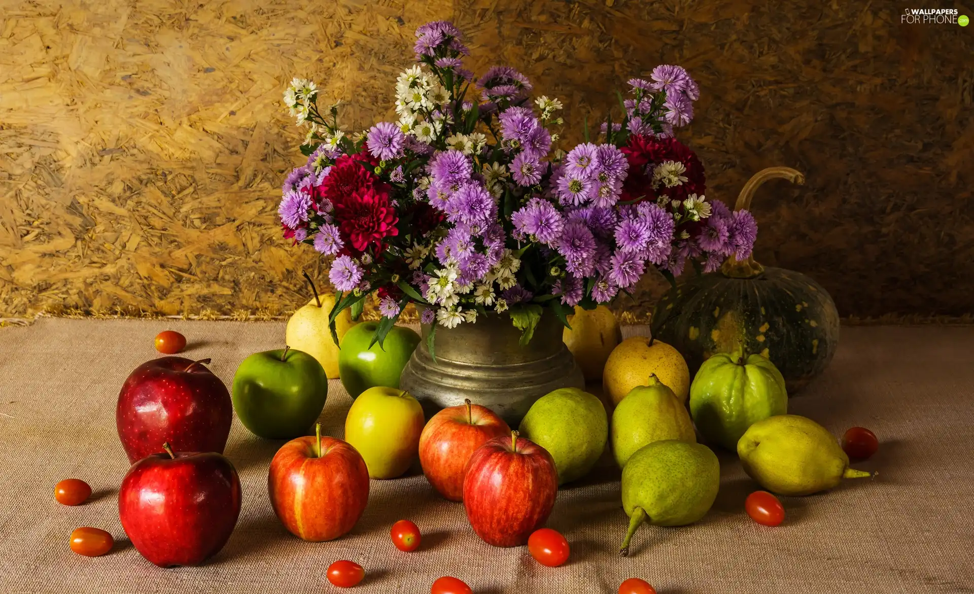 apples, Vase, Flowers, vegetables, Aster, composition, bouquet, pumpkin, truck concrete mixer, Fruits