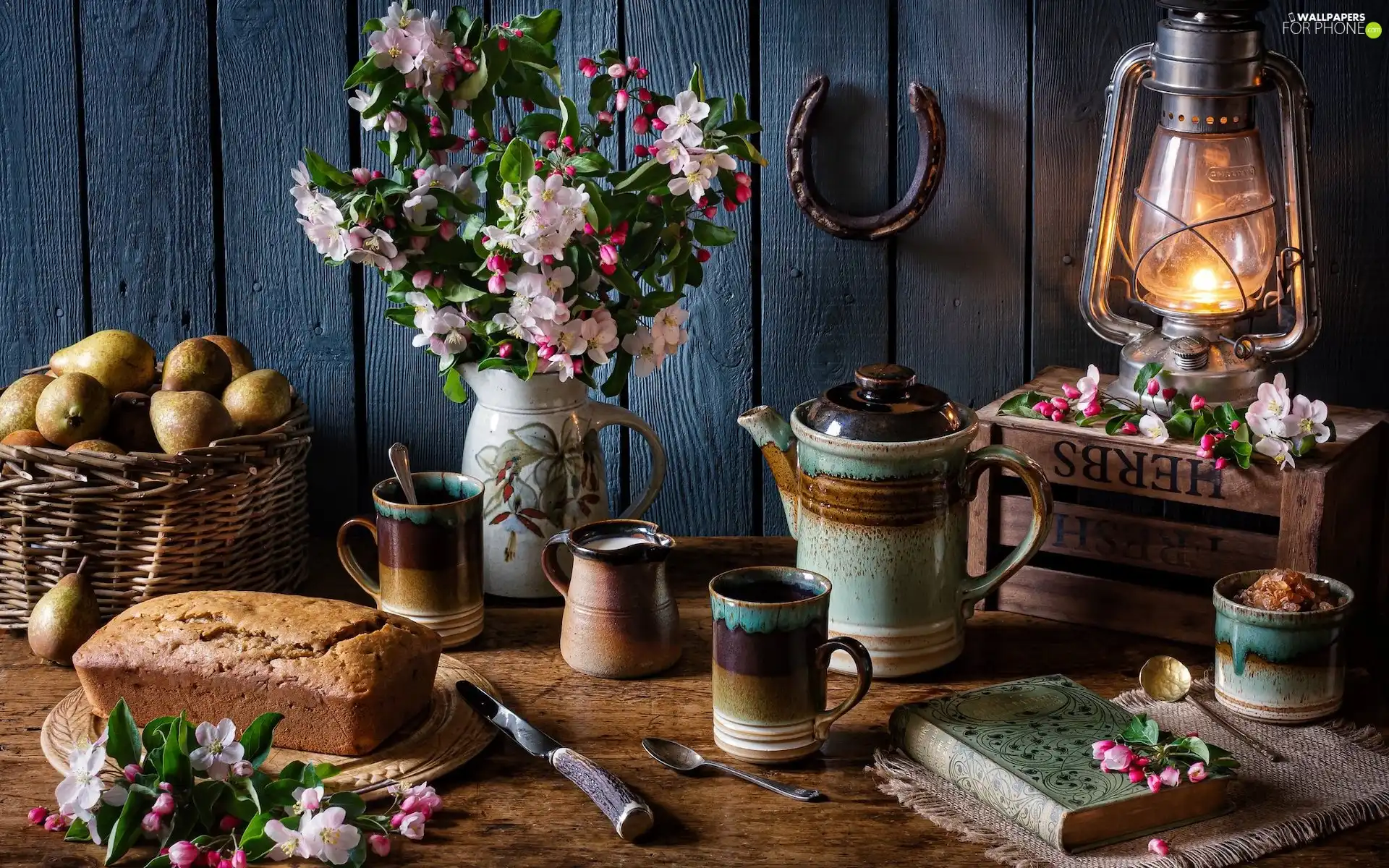 Lamp, composition, jug, Flourished, cups, truck concrete mixer, Book, cake, Twigs