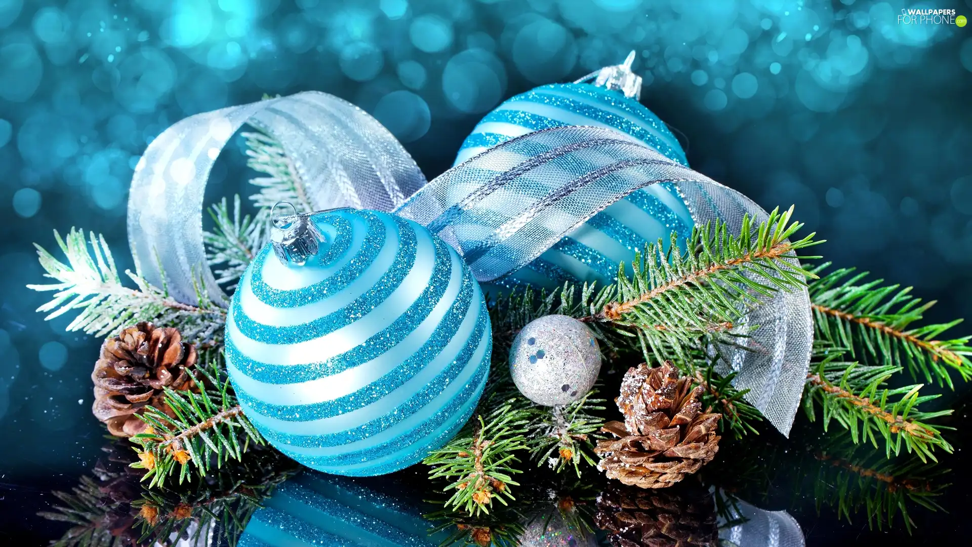 baubles, Christmas, ribbon, cones, Twigs, Blue