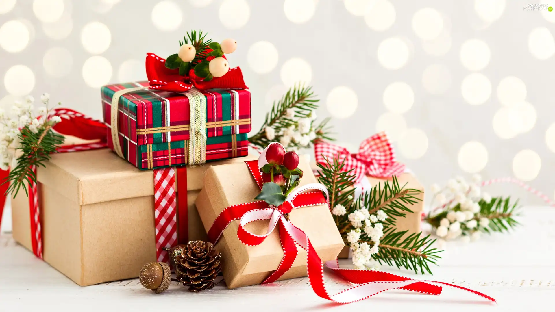Twigs, cones, gifts, Ribbons, Christmas