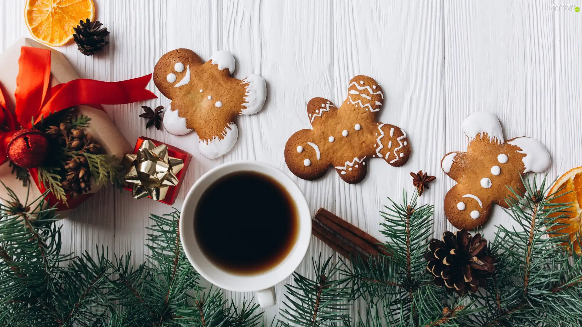 coffee, Christmas, Twigs, cones, gifts, ginger