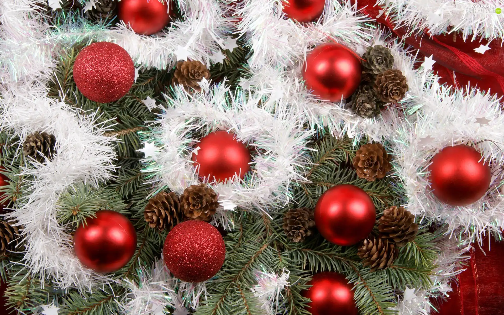 Red, christmas tree, cones, baubles