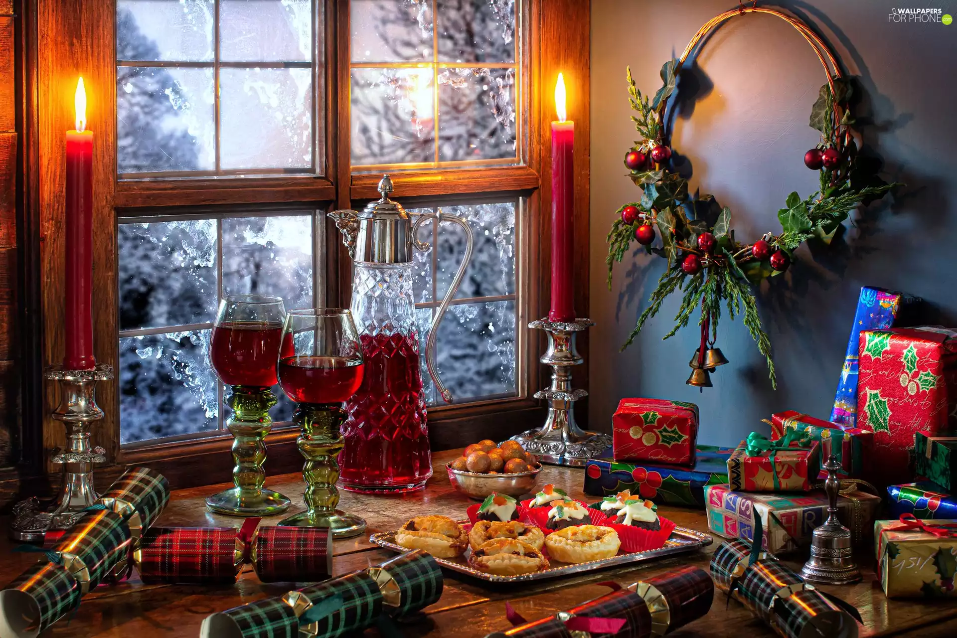 gifts, candle, Christmas, Wine, wreath, Window, composition, cookies