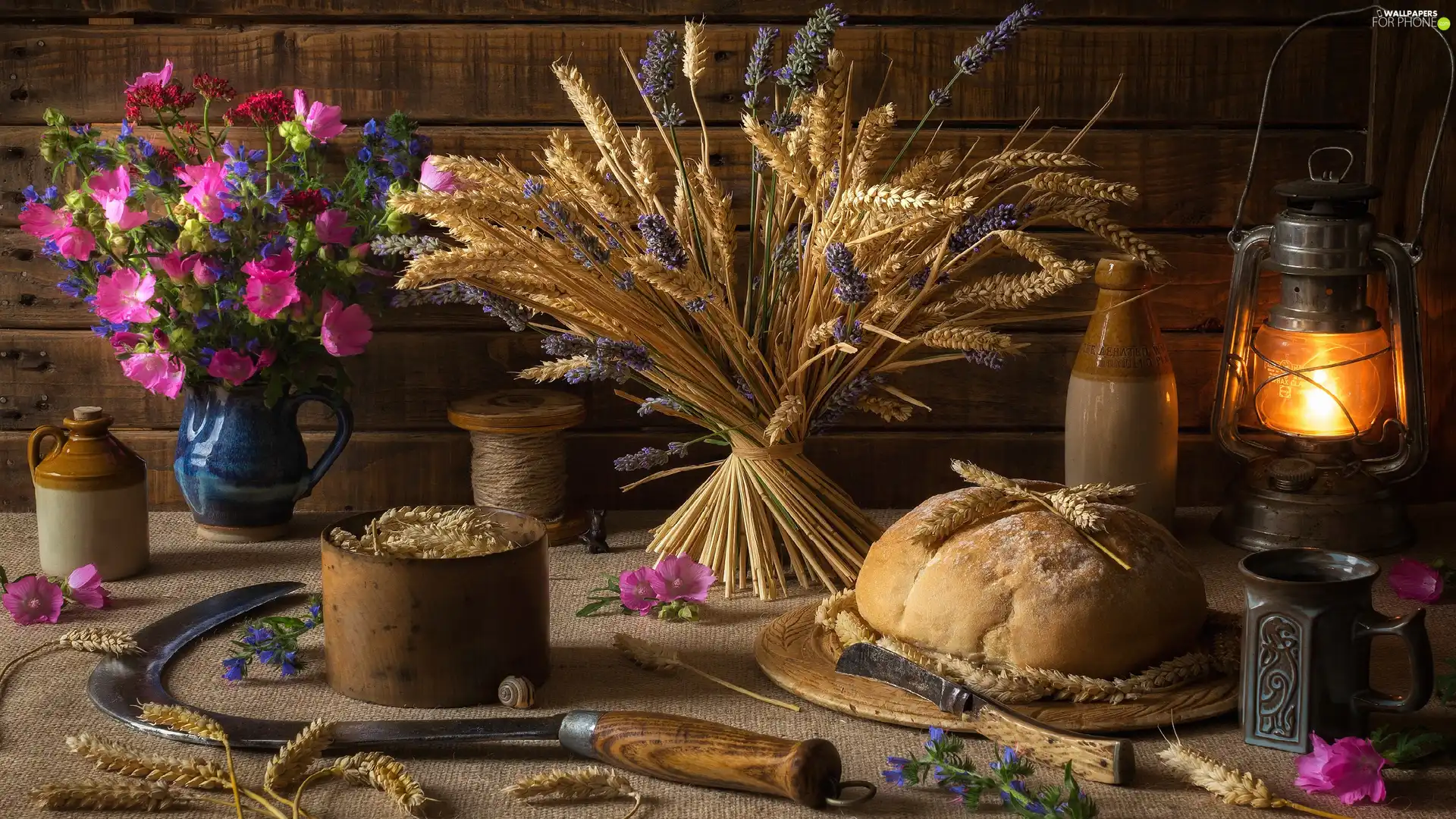 corn, bouquet, Oil Lamp, bread, dishes, Flowers, composition, sickle