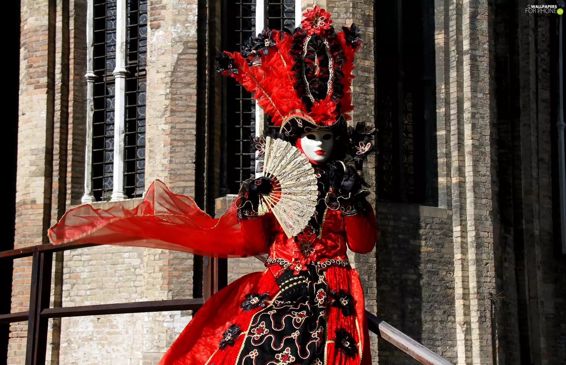 Red, costume, Mask, Fan, Women
