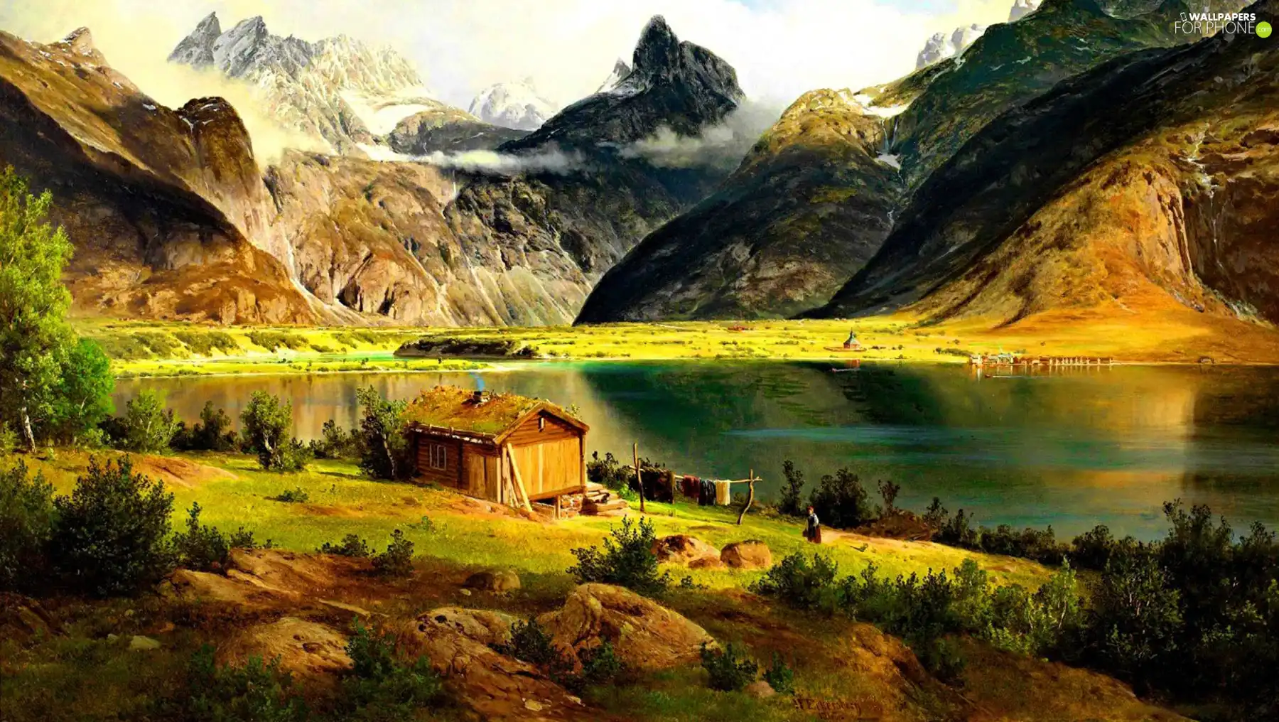 Cottage, Mountains, lake