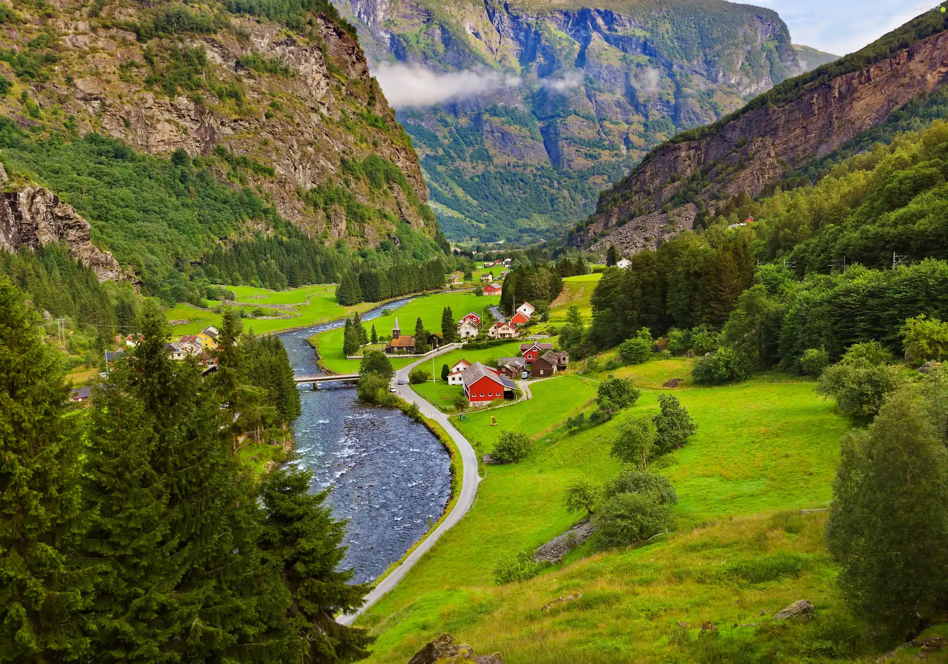 Mountains, River, country, Valley