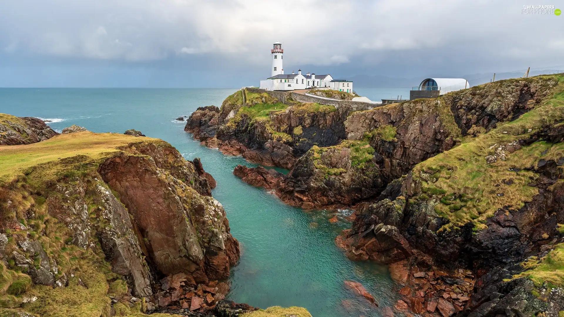 Fanad Head Lighthouse, rocks, Ireland, clouds, County Donegal, Lighthouses, sea, Portsalon