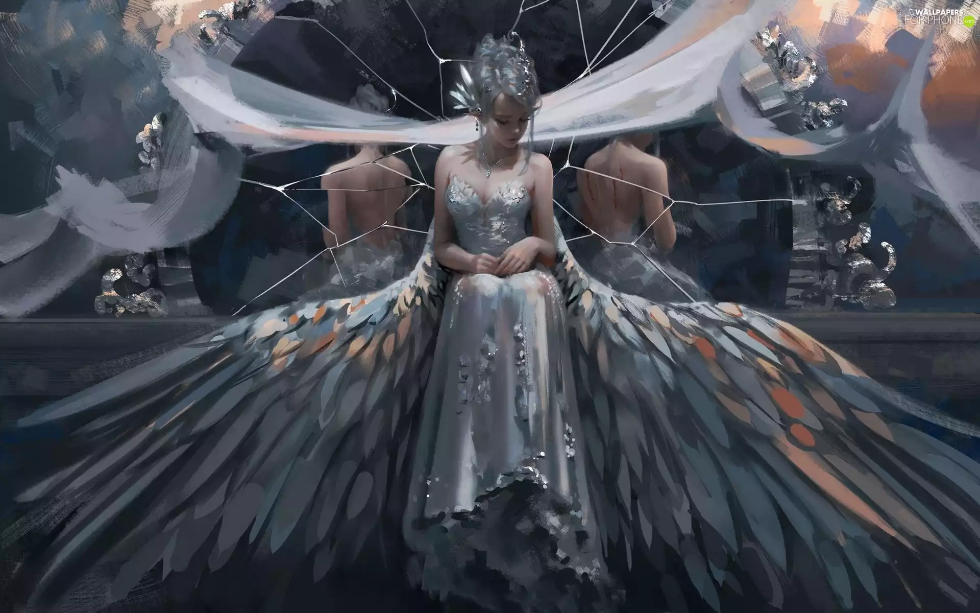 elf, Dress, Mirror, wings, broken, girl, graphics, cracked
