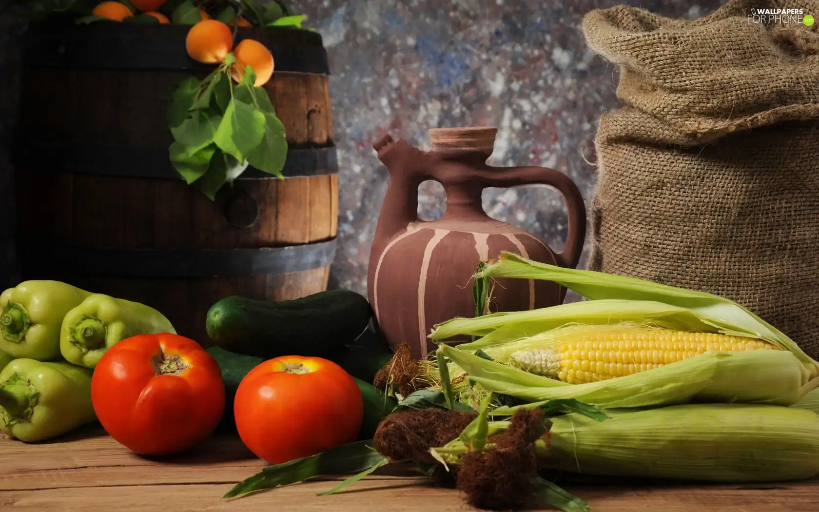 composition, tomatoes, cucumbers, corn
