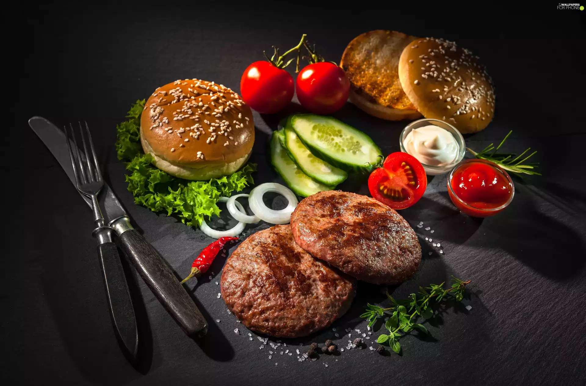 tomatoes, Components, pepper, cucumbers, Hamburgers, onion, cutlery