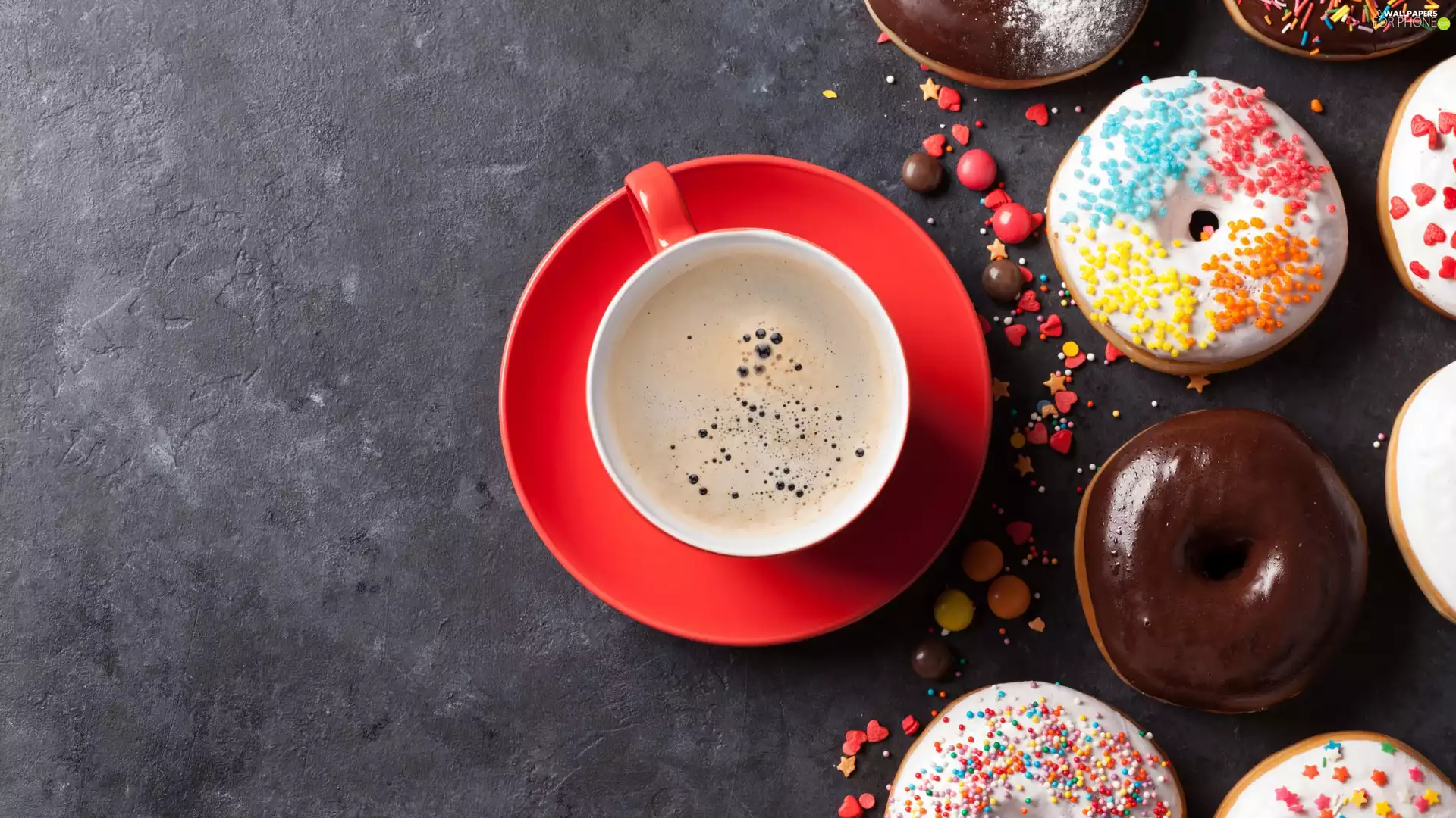 cup, glace, Drops, donuts, Scatter, red hot, coffee, Donuts